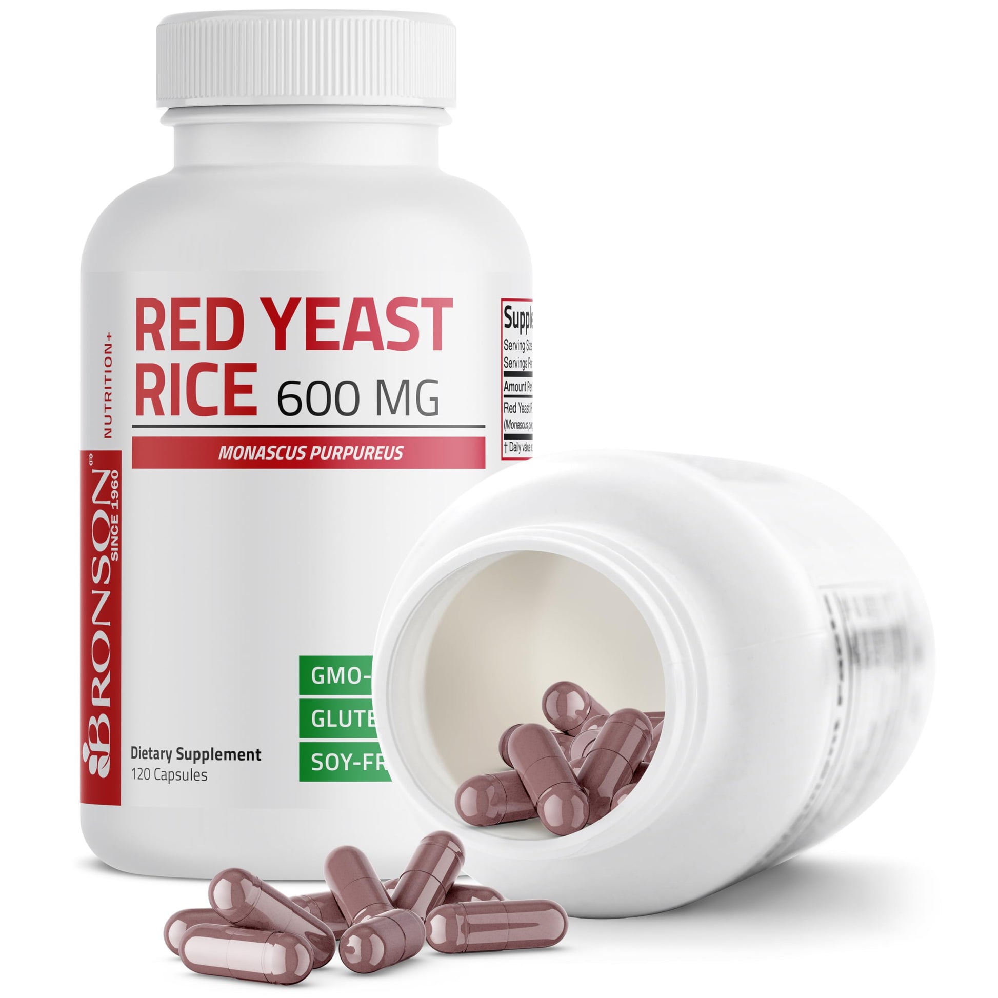 Side view of Bronson Red Yeast Rice bottle in original packaging