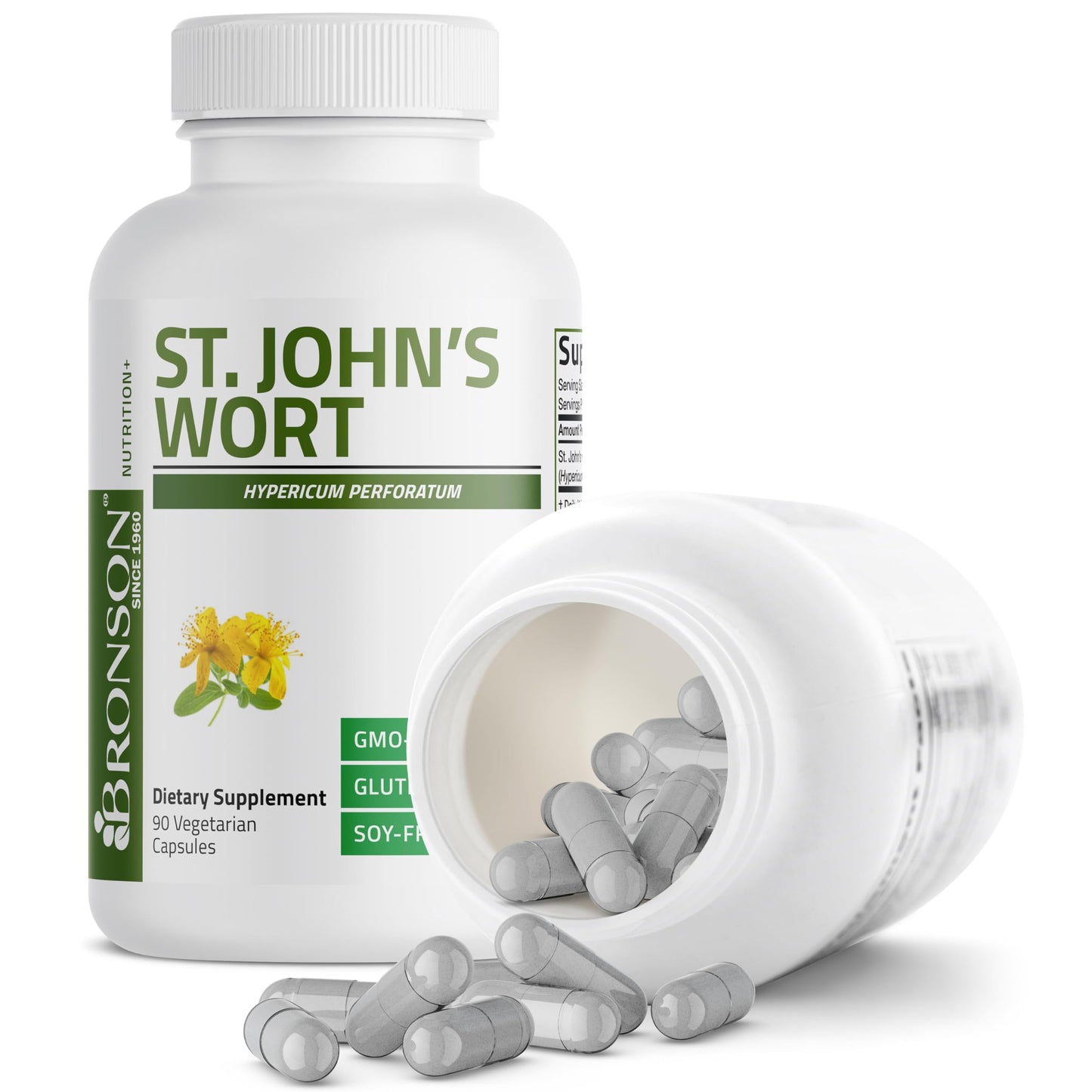 Side angle view of Bronson St John's Wort premium imported herbal mood supplement