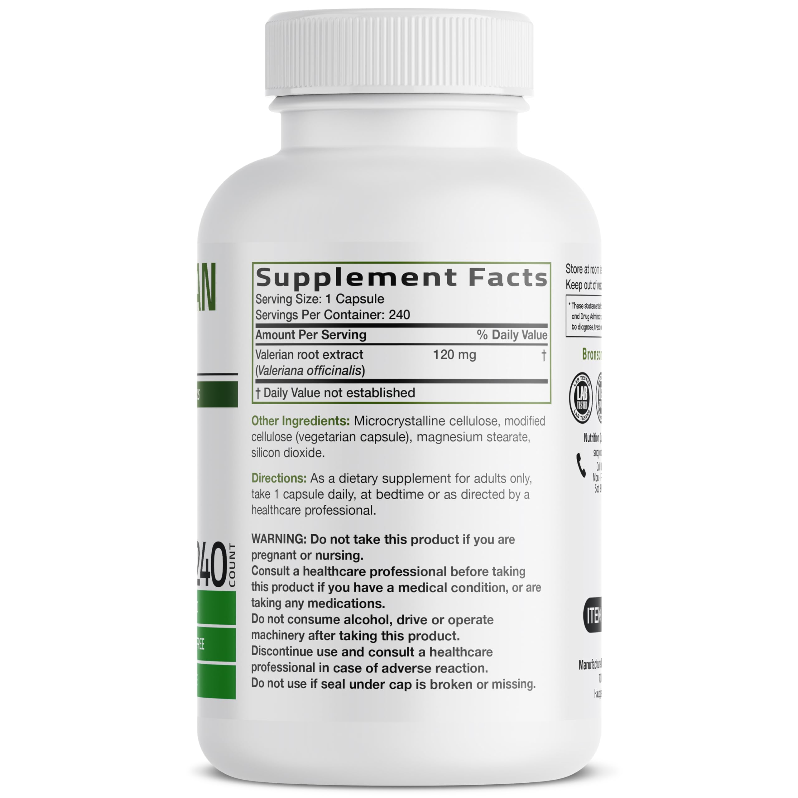 Bronson Valerian Root herbal relaxation supplement supplement facts label view