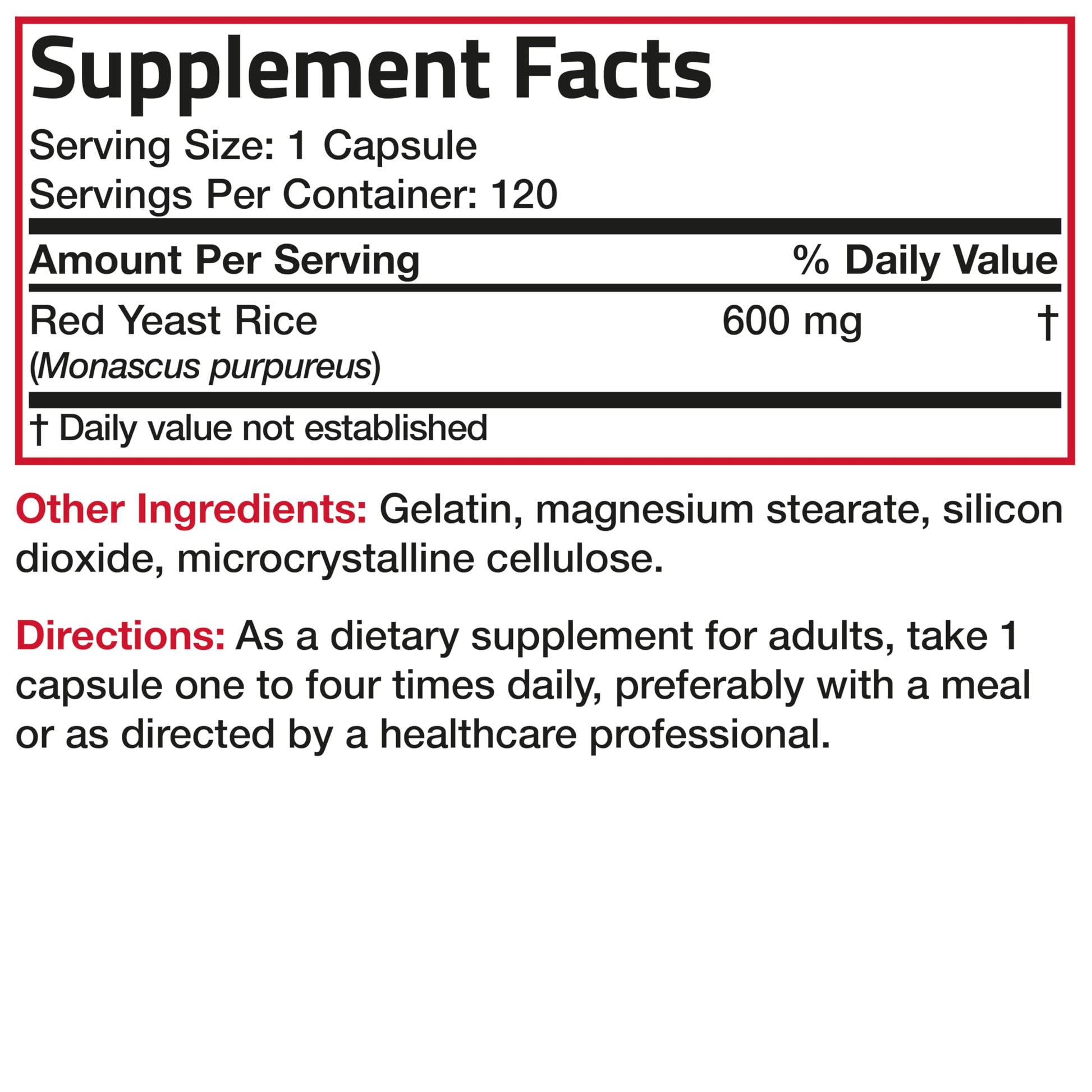 Bronson Red Yeast Rice 120 capsule bottle with nutritional facts