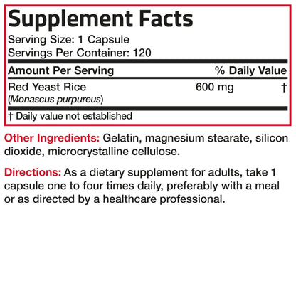 Bronson Red Yeast Rice 120 capsule bottle with nutritional facts