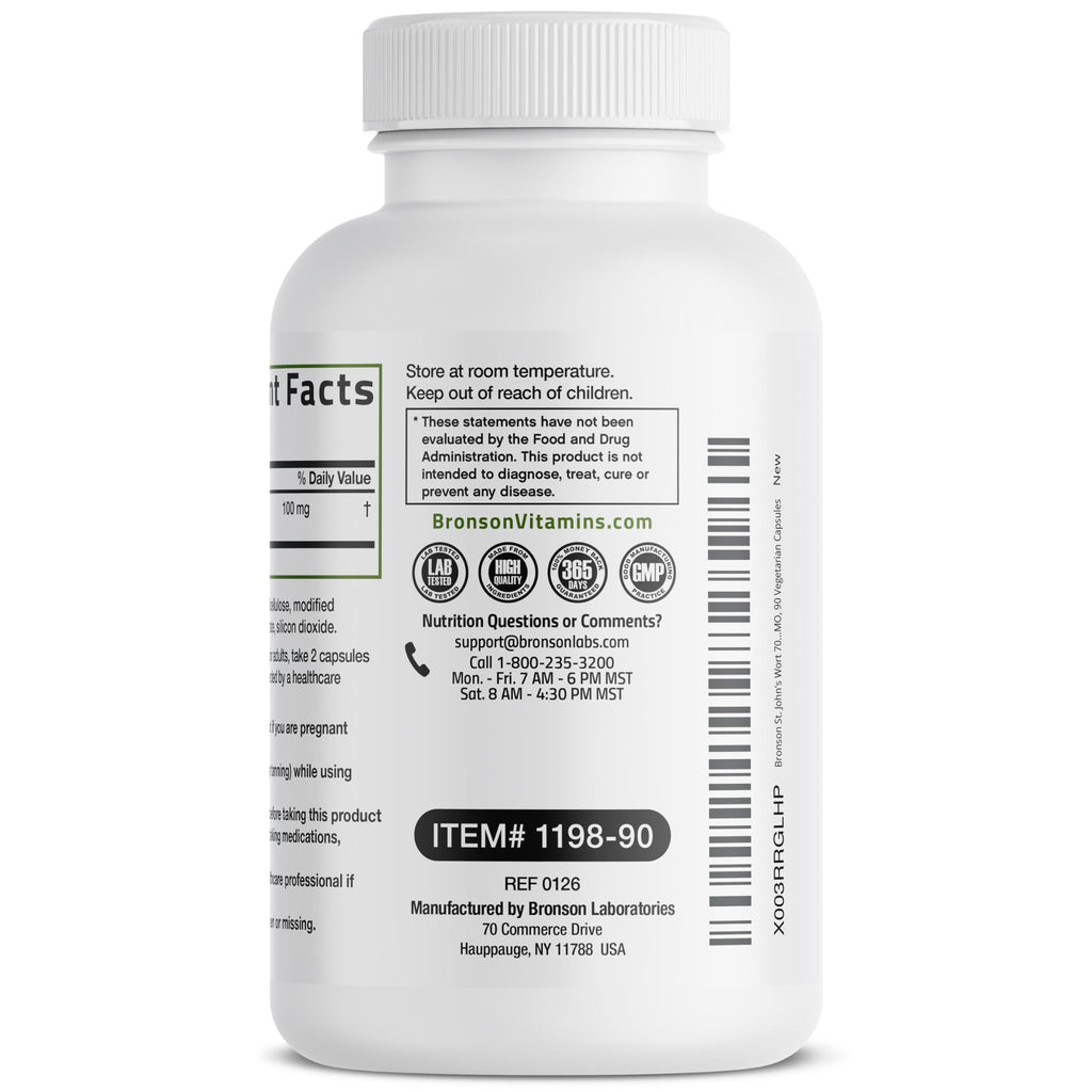 Close-up of the vegetarian capsules of Bronson St John's Wort 700mg extract formula