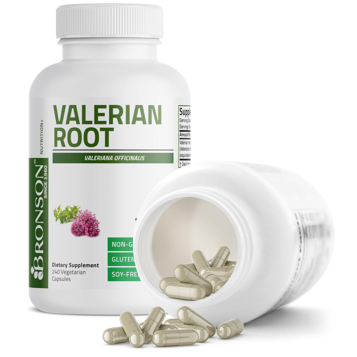 Non-GMO gluten-free icons on the side of Bronson Valerian root bottle