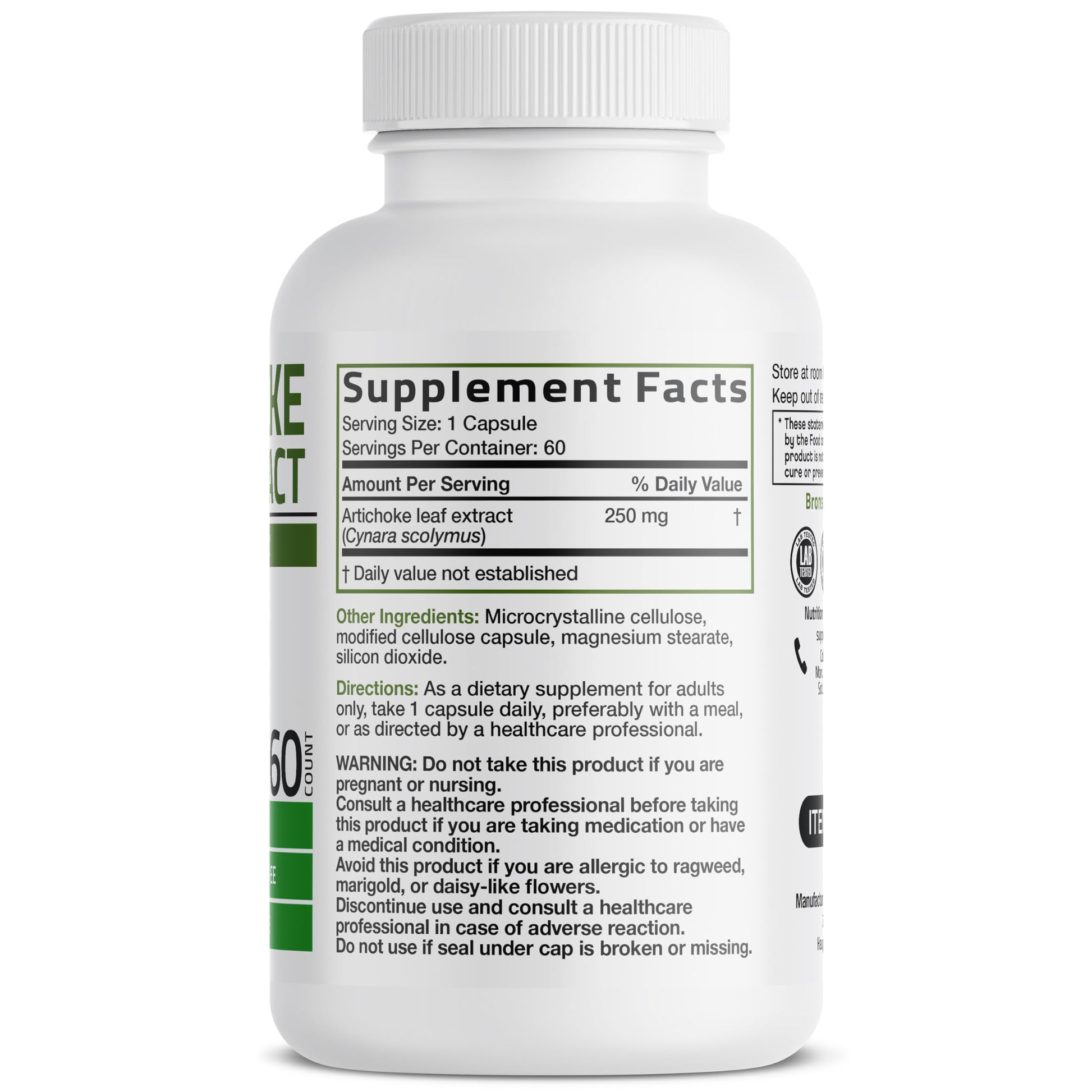 Bronson Artichoke Leaf Extract 1000 milligrams equivalent supplement facts panel showing premium ingredients