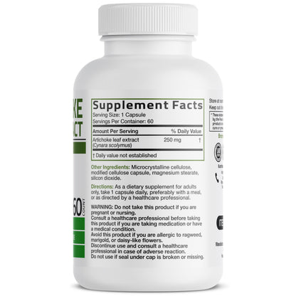 Bronson Artichoke Leaf Extract 1000 milligrams equivalent supplement facts panel showing premium ingredients