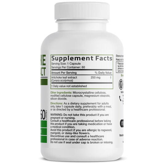 Bronson Artichoke Leaf Extract 1000 milligrams equivalent supplement facts panel showing premium ingredients