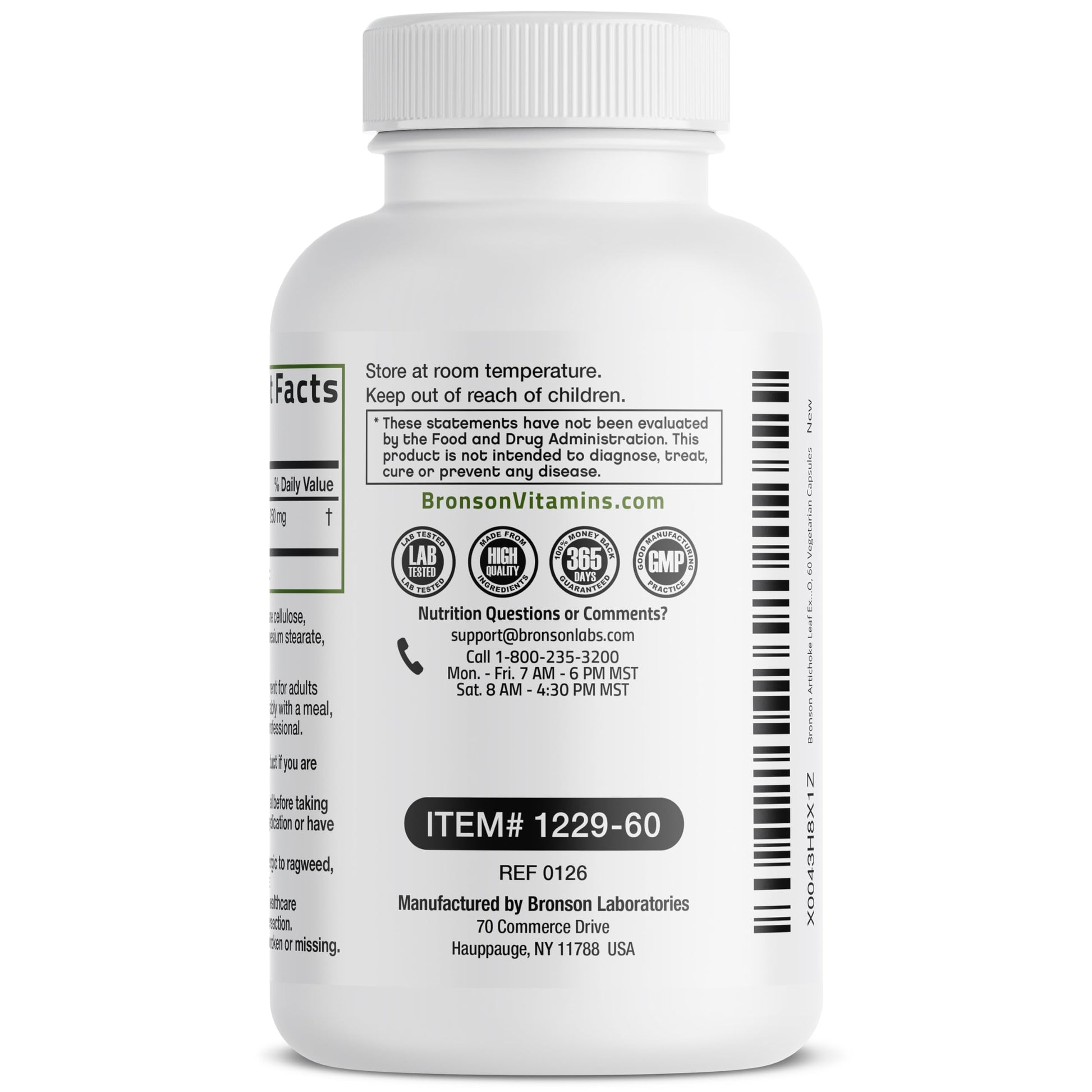 Bronson Laboratories artichoke leaf herbal supplement 60 capsules container close up layout