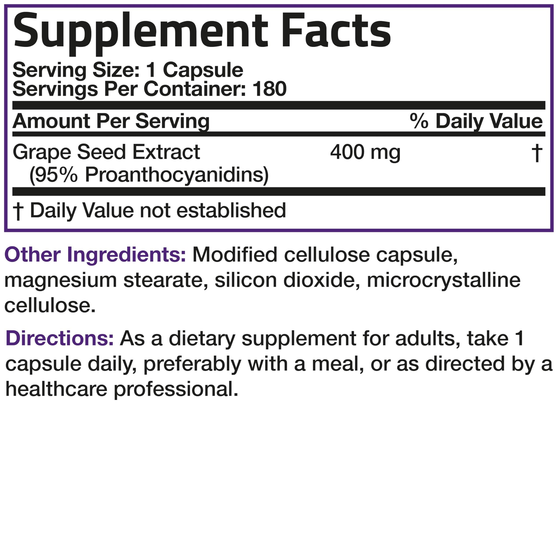 Close up of Bronson Grape Seed Extract 400mg product label
