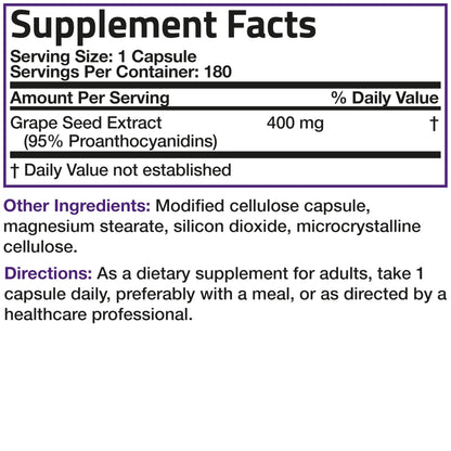 Close up of Bronson Grape Seed Extract 400mg product label