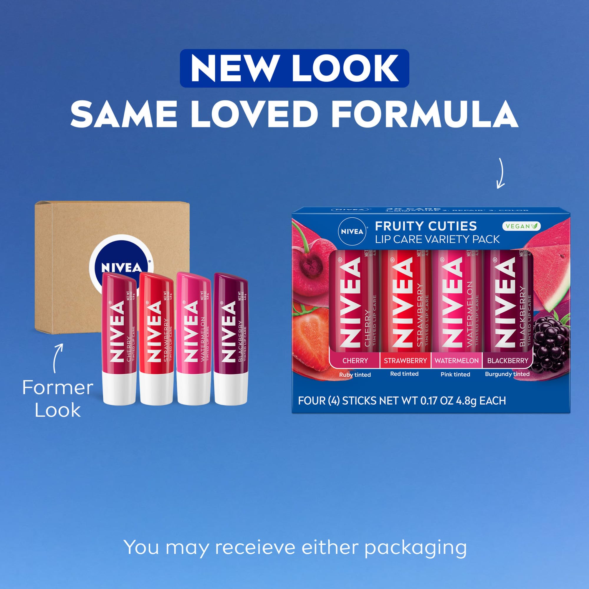 Nivea Cherry Strawberry Blackberry and Watermelon lip balm sticks grouped together