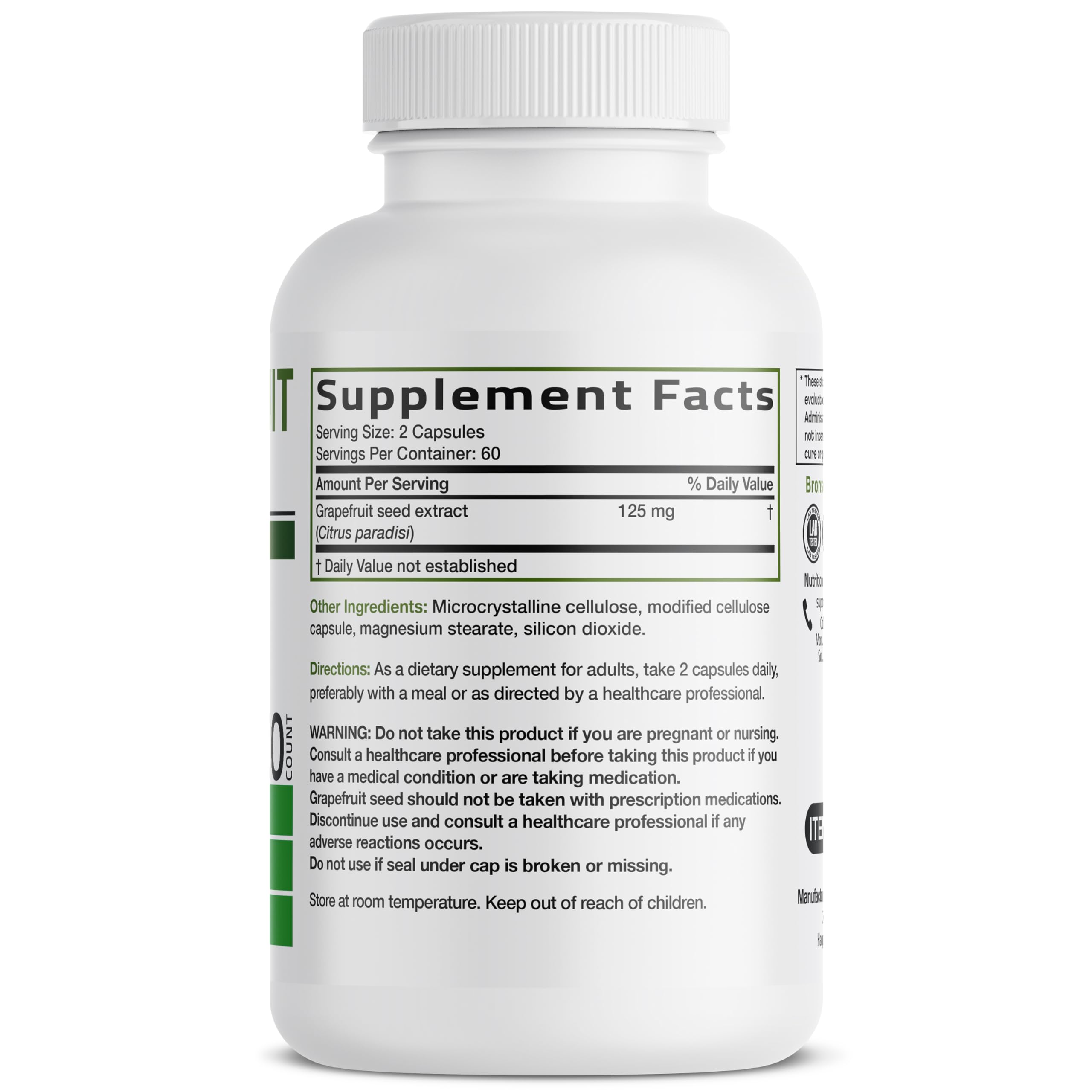 Bronson Grapefruit Seed Extract 120 capsules label detail