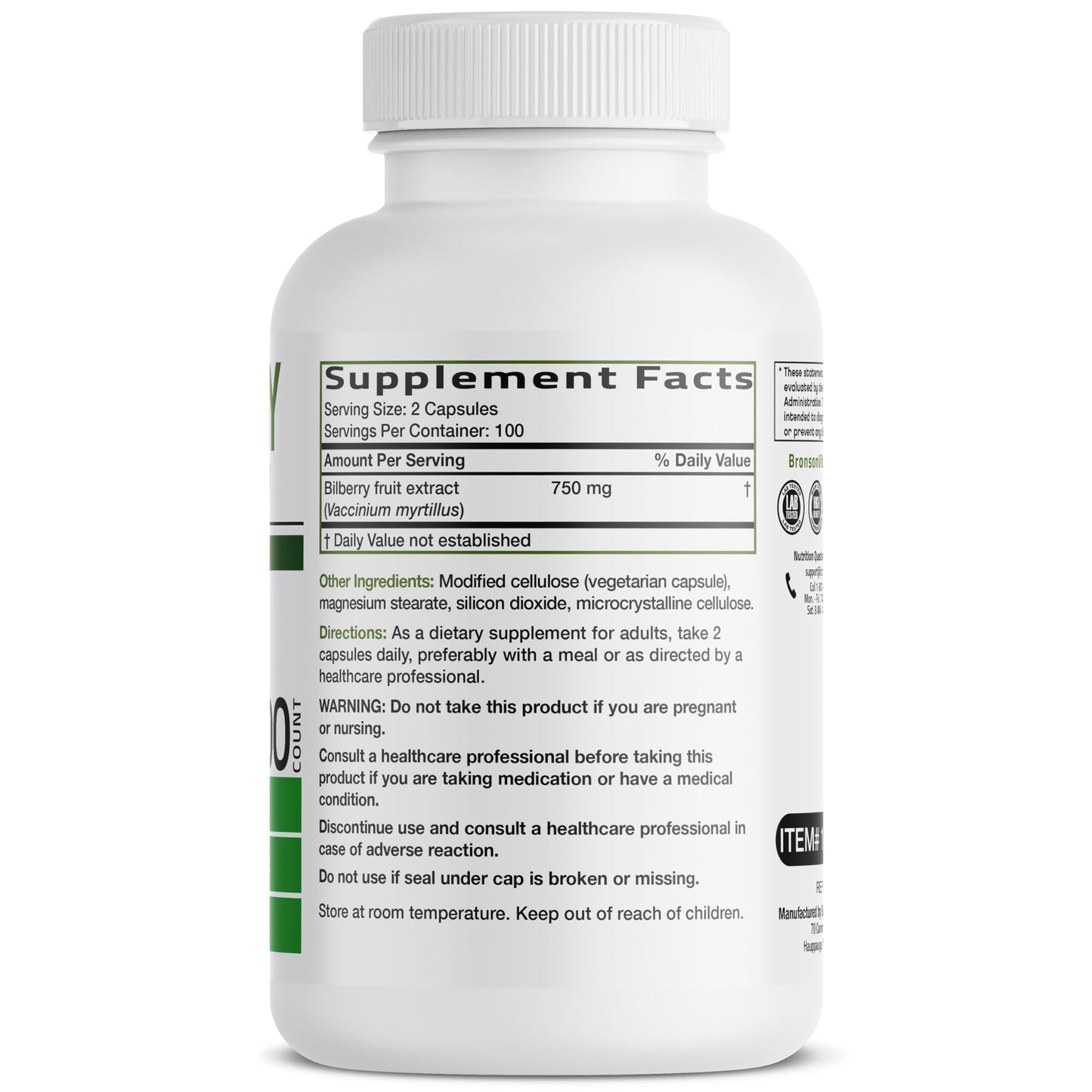 Bronson Vitamins Bilberry 3000mg supplement label showing non-GMO and gluten-free certifications