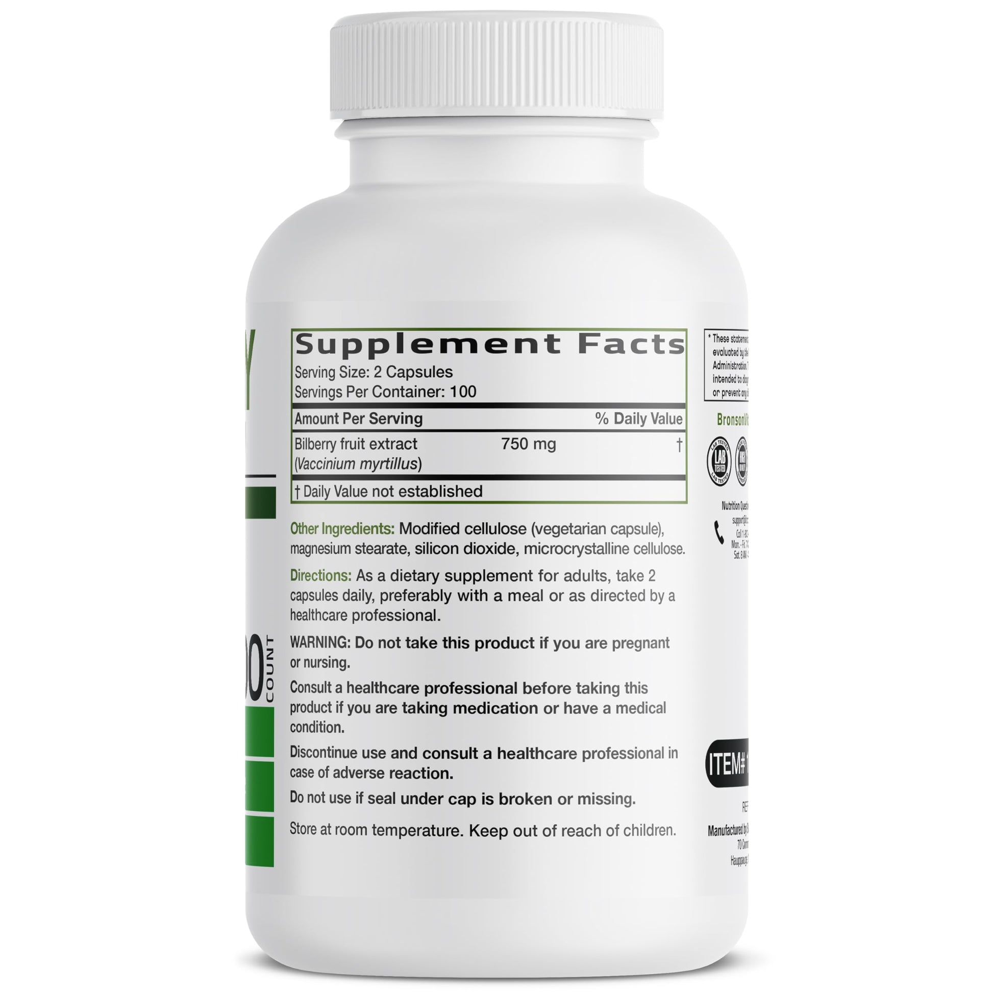 Bronson Vitamins Bilberry 3000mg supplement label showing non-GMO and gluten-free certifications