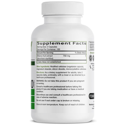 Bronson Vitamins Bilberry 3000mg supplement label showing non-GMO and gluten-free certifications