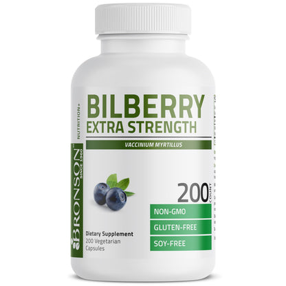 Side view of Bronson Bilberry Vaccinium myrtillus capsules bottle detailing the ingredient facts