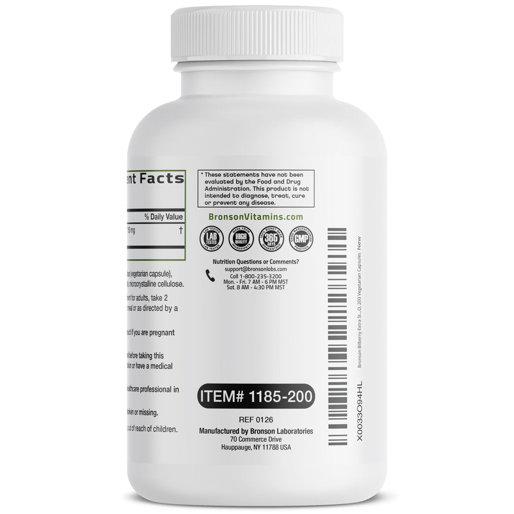 Bronson Bilberry Extra Strength dietary supplement bottle illustrating vision support benefits