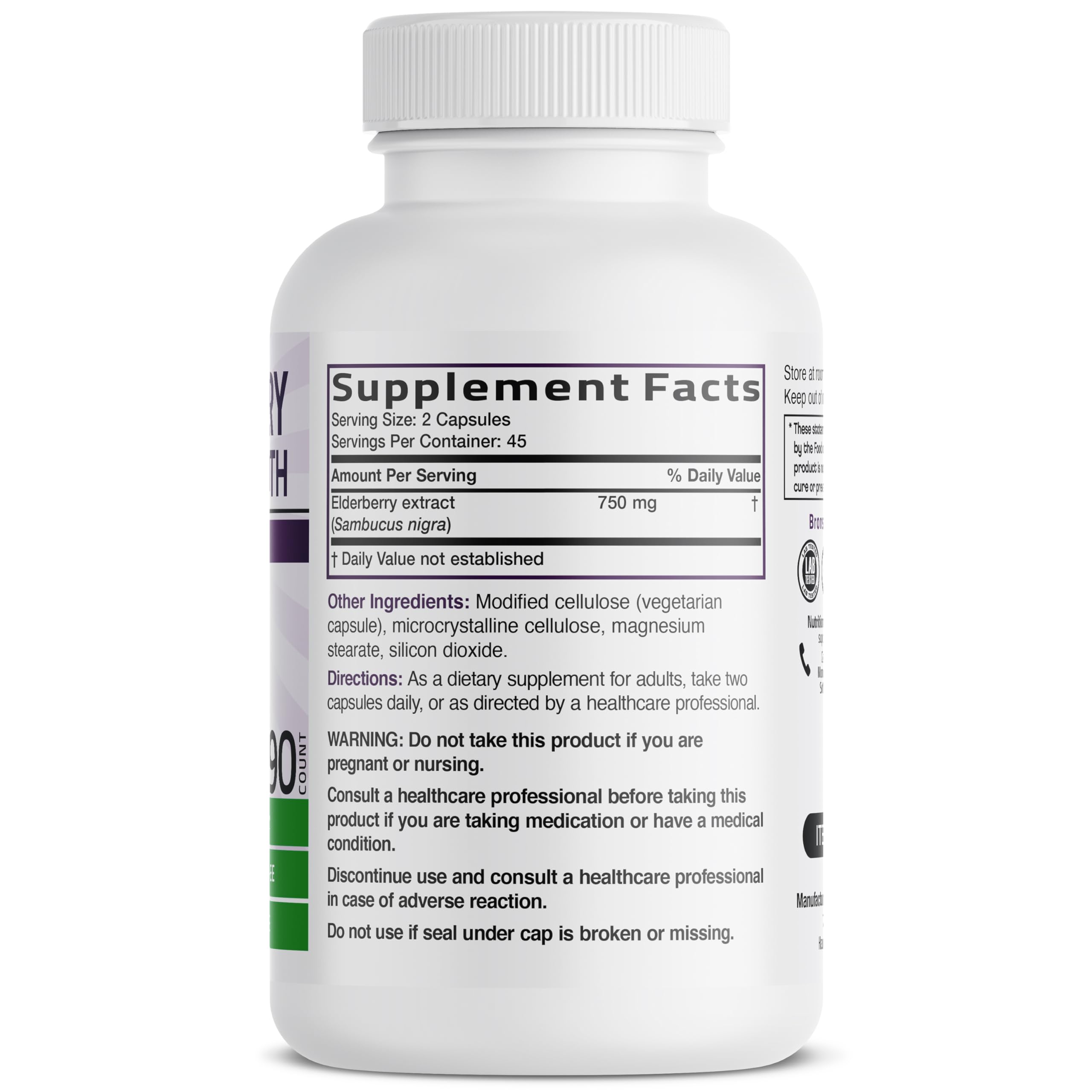 Bronson Laboratories Sambucus Nigra 3000 milligrams dietary supplement bottle showing ingredient label