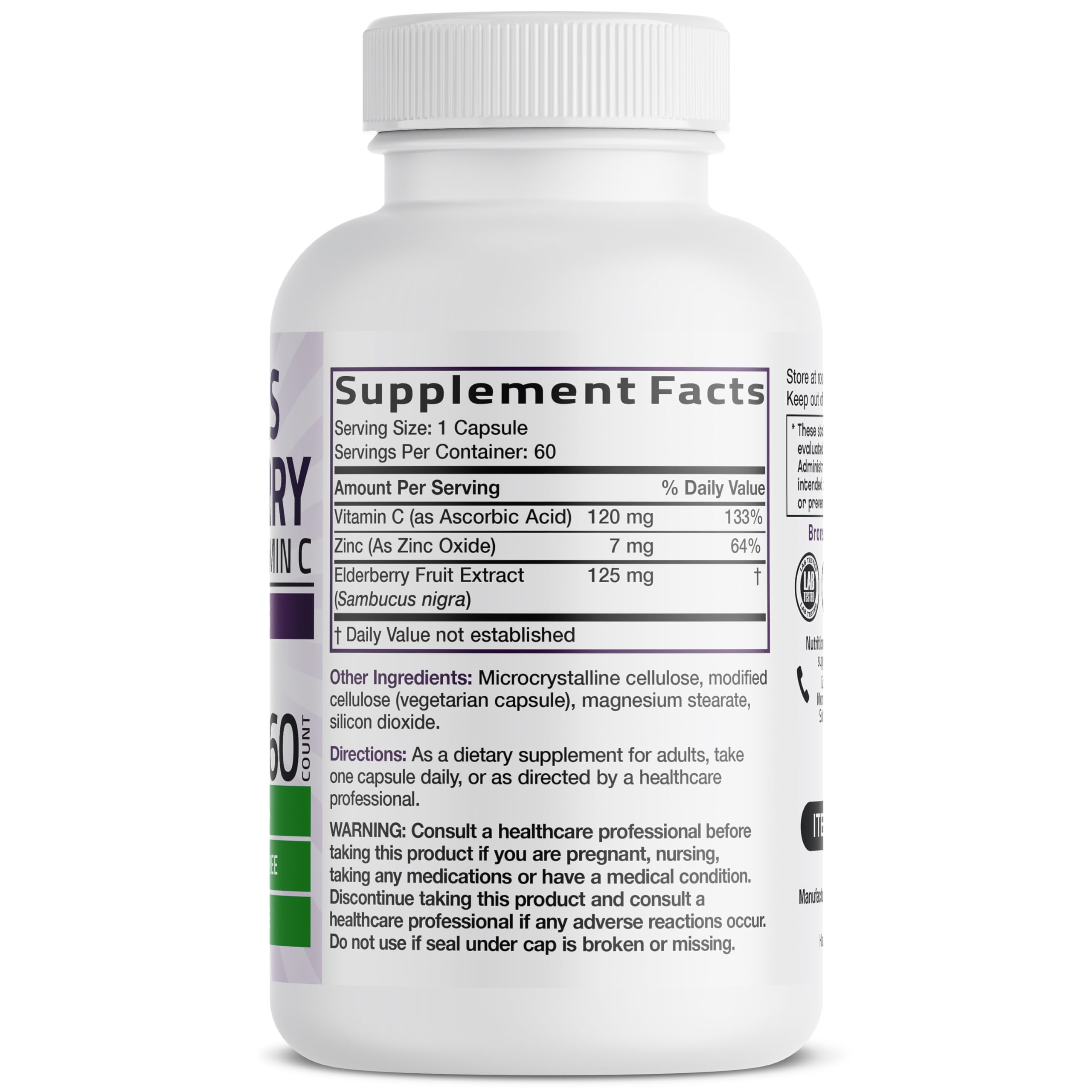 Bronson black elderberry capsule bottle showcasing dietary supplement facts and ingredients panel