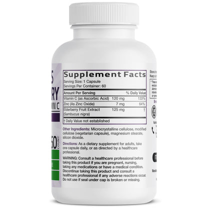 Bronson black elderberry capsule bottle showcasing dietary supplement facts and ingredients panel