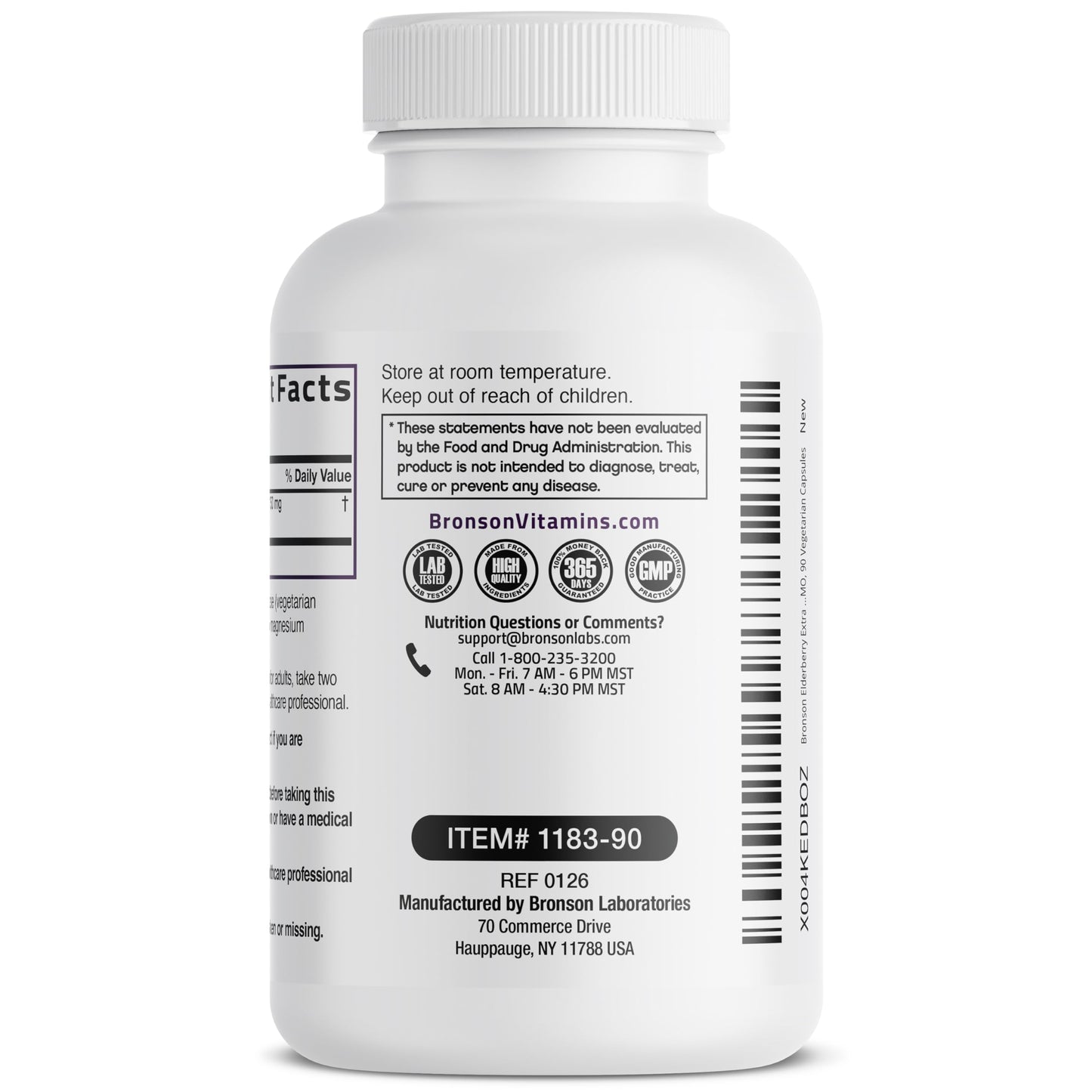 Close up of the back label on Bronson Elderberry Extra Strength 90 capsules packaging
