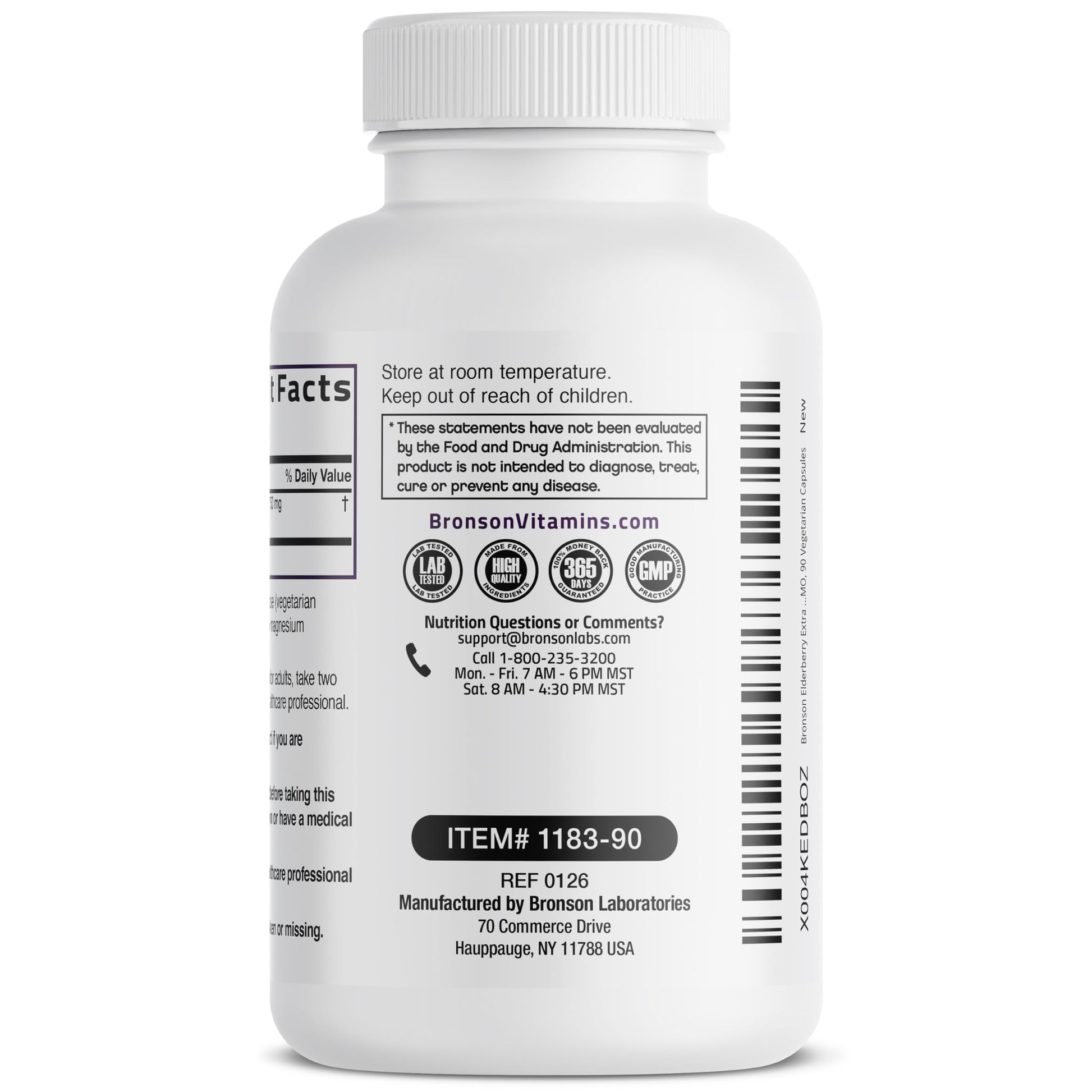 Close up of the back label on Bronson Elderberry Extra Strength 90 capsules packaging