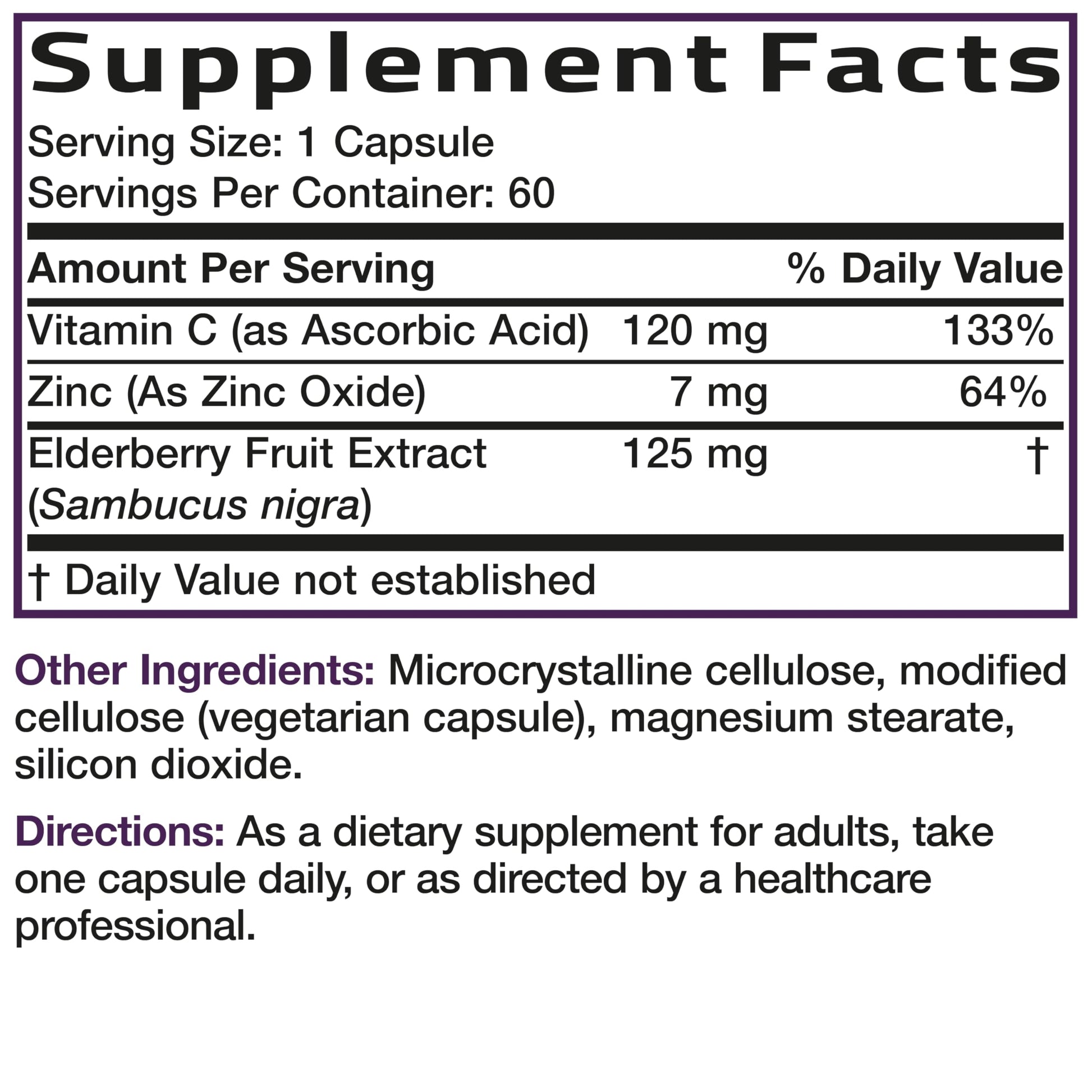 Authentic imported Bronson vitamins elderberry complex bottle side layout