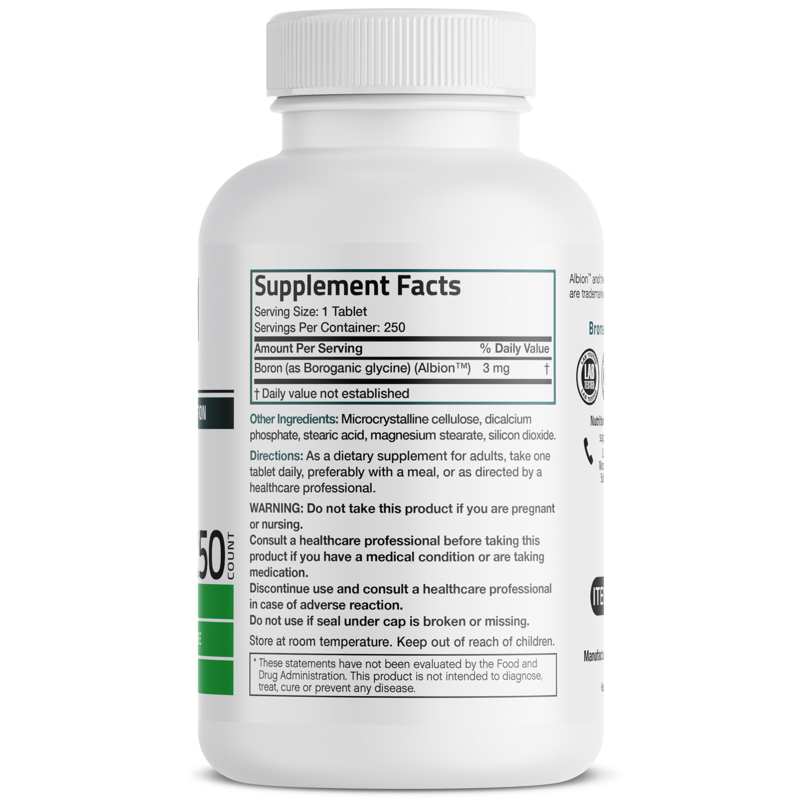 Bronson Boron supplement nutritional facts label and ingredient list close up