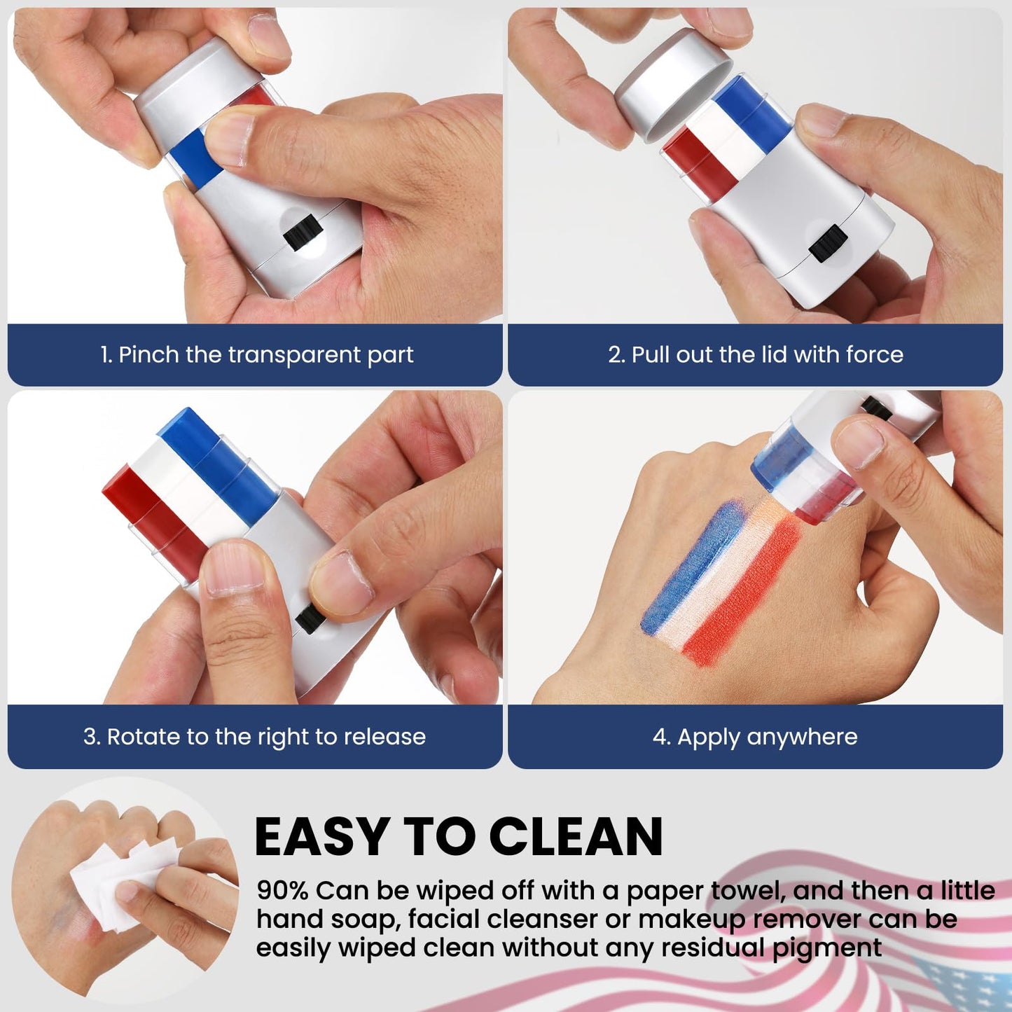 Twist up patriotic face makeup stick showing red white and blue product texture