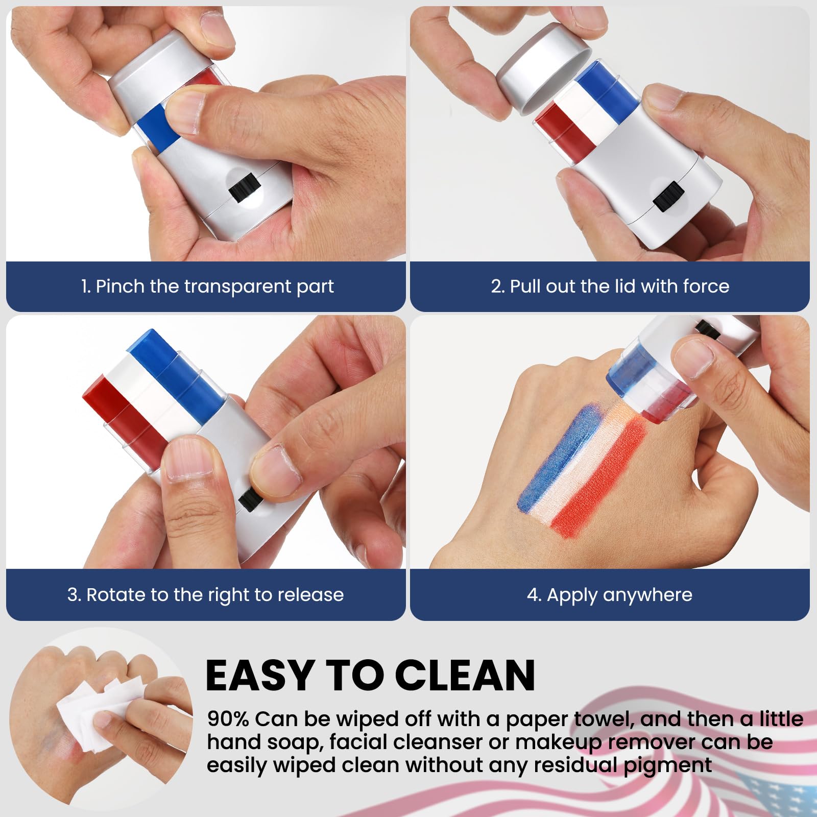 Twist up patriotic face makeup stick showing red white and blue product texture