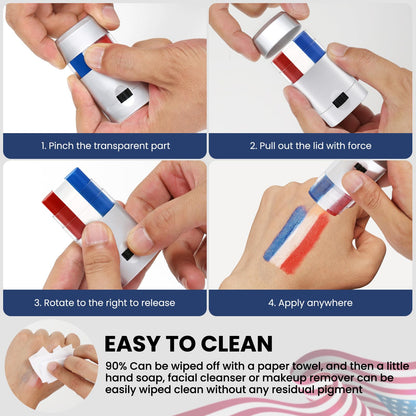 Twist up patriotic face makeup stick showing red white and blue product texture