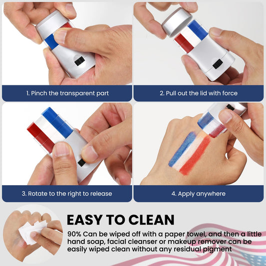 Twist up patriotic face makeup stick showing red white and blue product texture