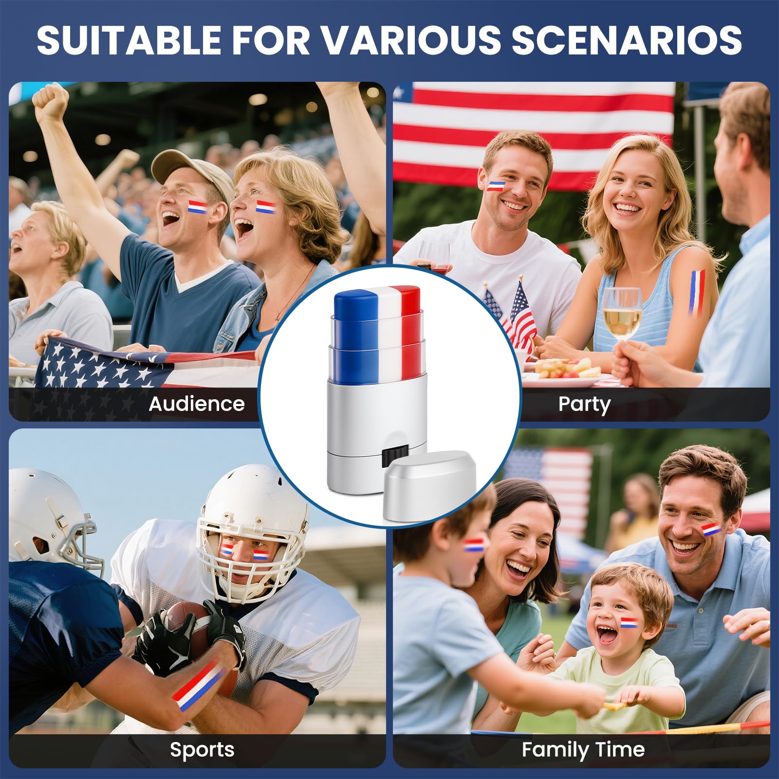 Waterproof USA flag body paint stick package showing portable ergonomic tube design