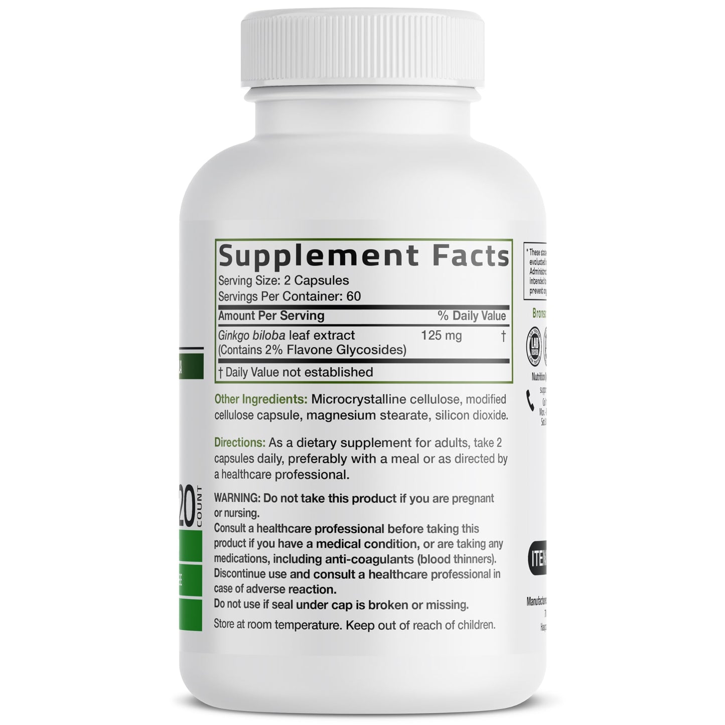 Side view of Bronson Ginkgo Biloba 500 milligrams supplement bottle detailing non-GMO and gluten-free labels