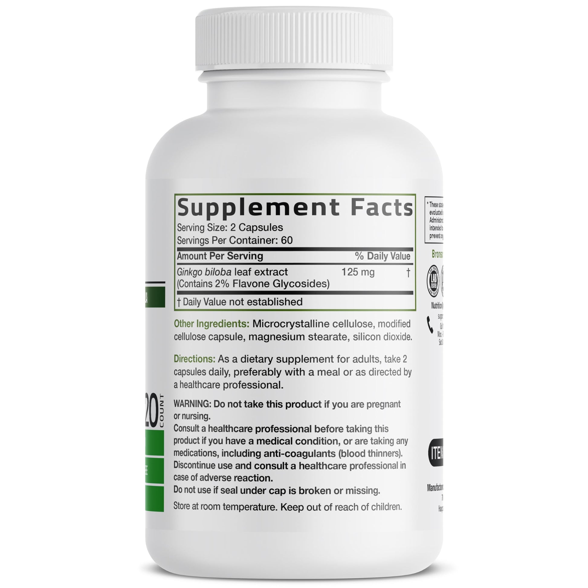 Side view of Bronson Ginkgo Biloba 500 milligrams supplement bottle detailing non-GMO and gluten-free labels