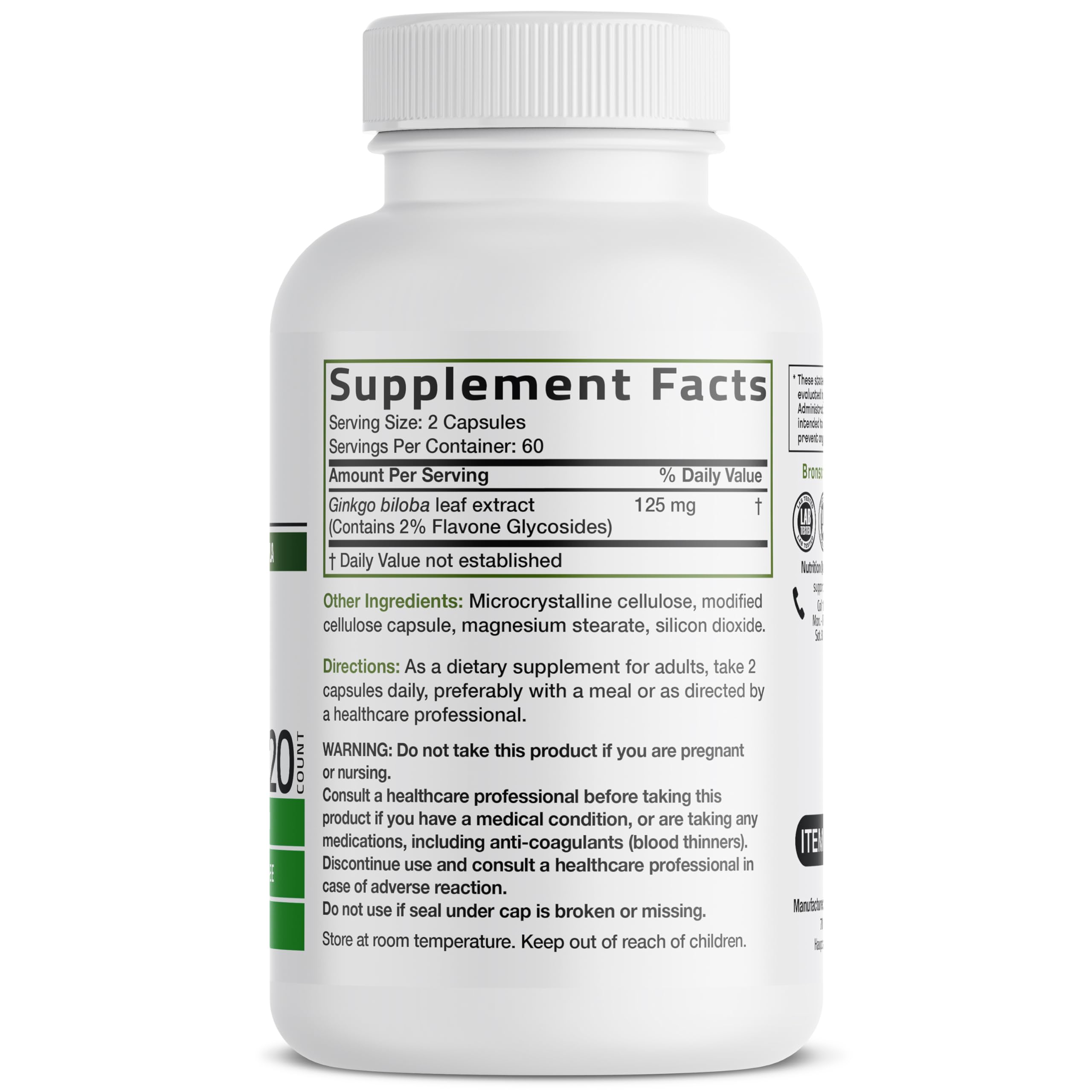 Side view of Bronson Ginkgo Biloba 500 milligrams supplement bottle detailing non-GMO and gluten-free labels