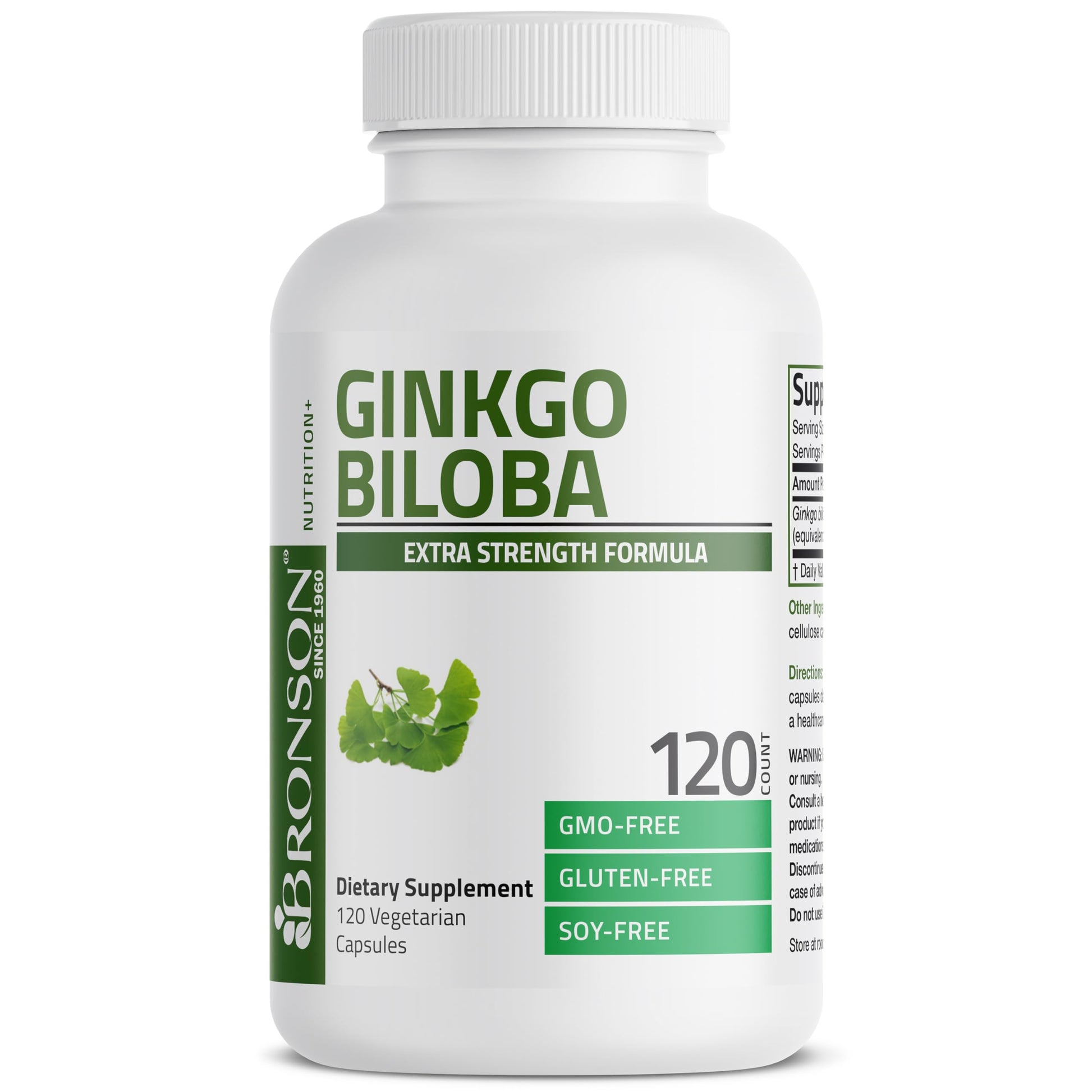 Top angle view of Bronson Ginkgo Biloba extra strength bottle showcasing the clean premium packaging