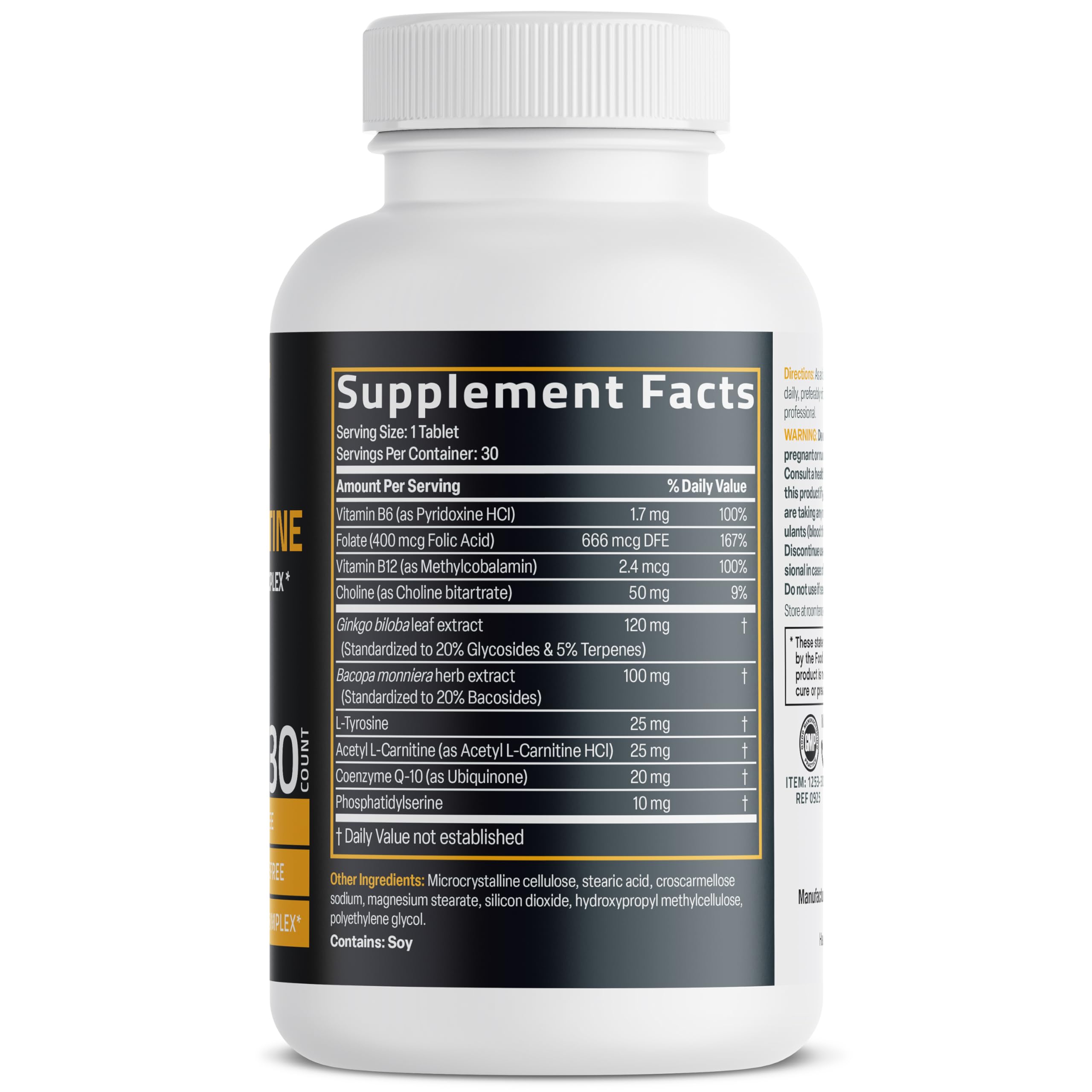 Side angle of Bronson Ginkgo Bacopa and Acetyl L-Carnitine bottle displaying nutritional supplement facts and non-GMO labels.