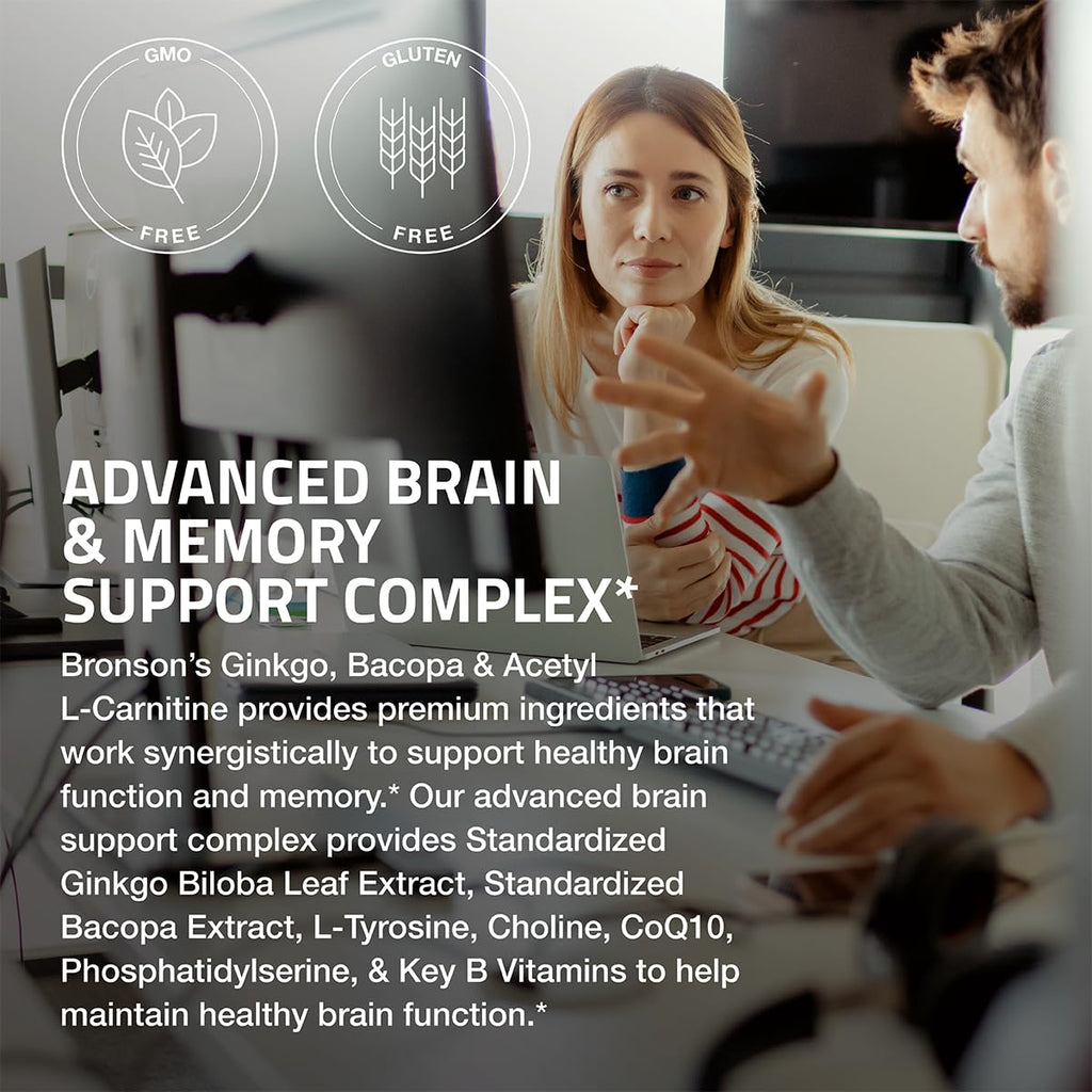 Authentic Bronson imported brain support supplement bottle emphasizing gluten-free and soy-free dietary standards.