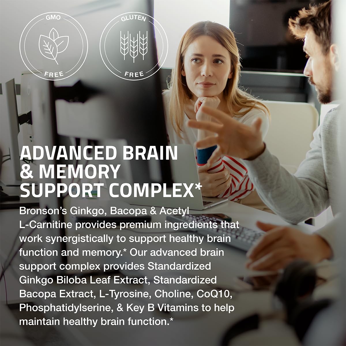 Authentic Bronson imported brain support supplement bottle emphasizing gluten-free and soy-free dietary standards.