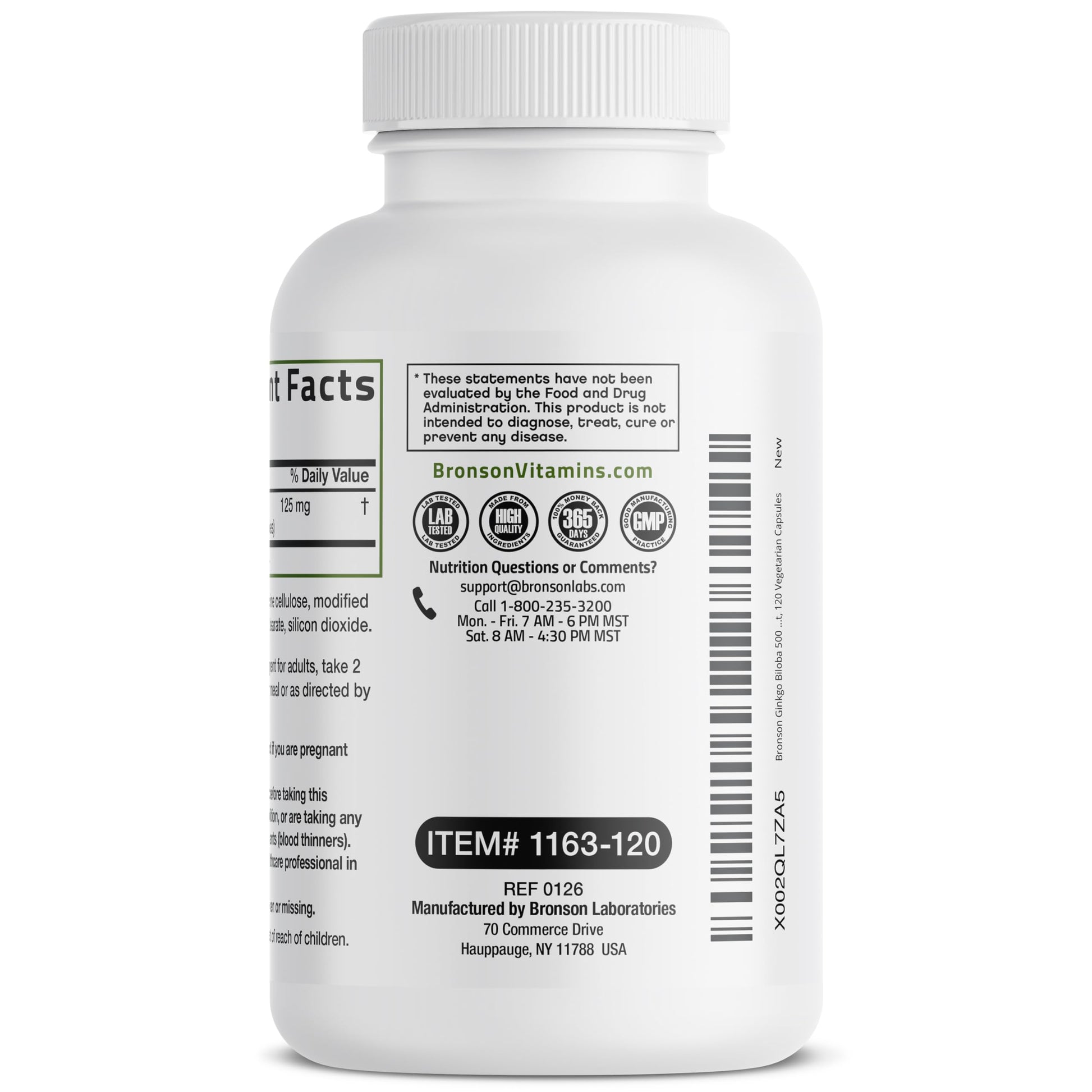 Bronson Ginkgo Biloba supplement bottle highlighting soy-free and cGMP certified facility manufacturing details