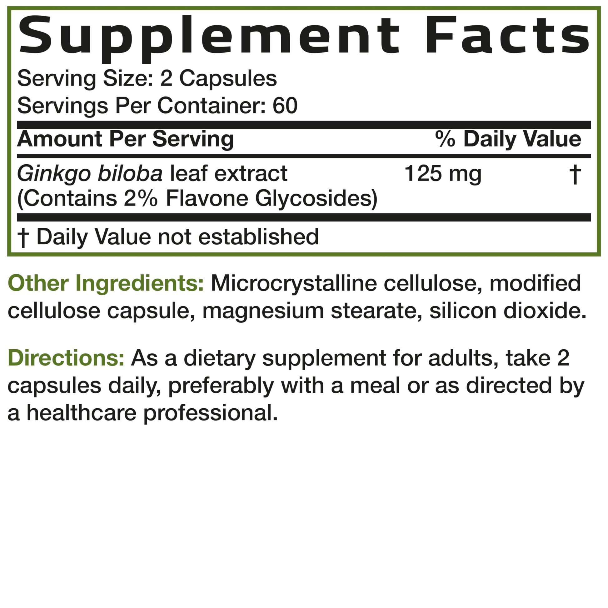 Full packaging display of Bronson Ginkgo Biloba showing authentic imported seals and clear ingredient list