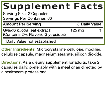 Full packaging display of Bronson Ginkgo Biloba showing authentic imported seals and clear ingredient list