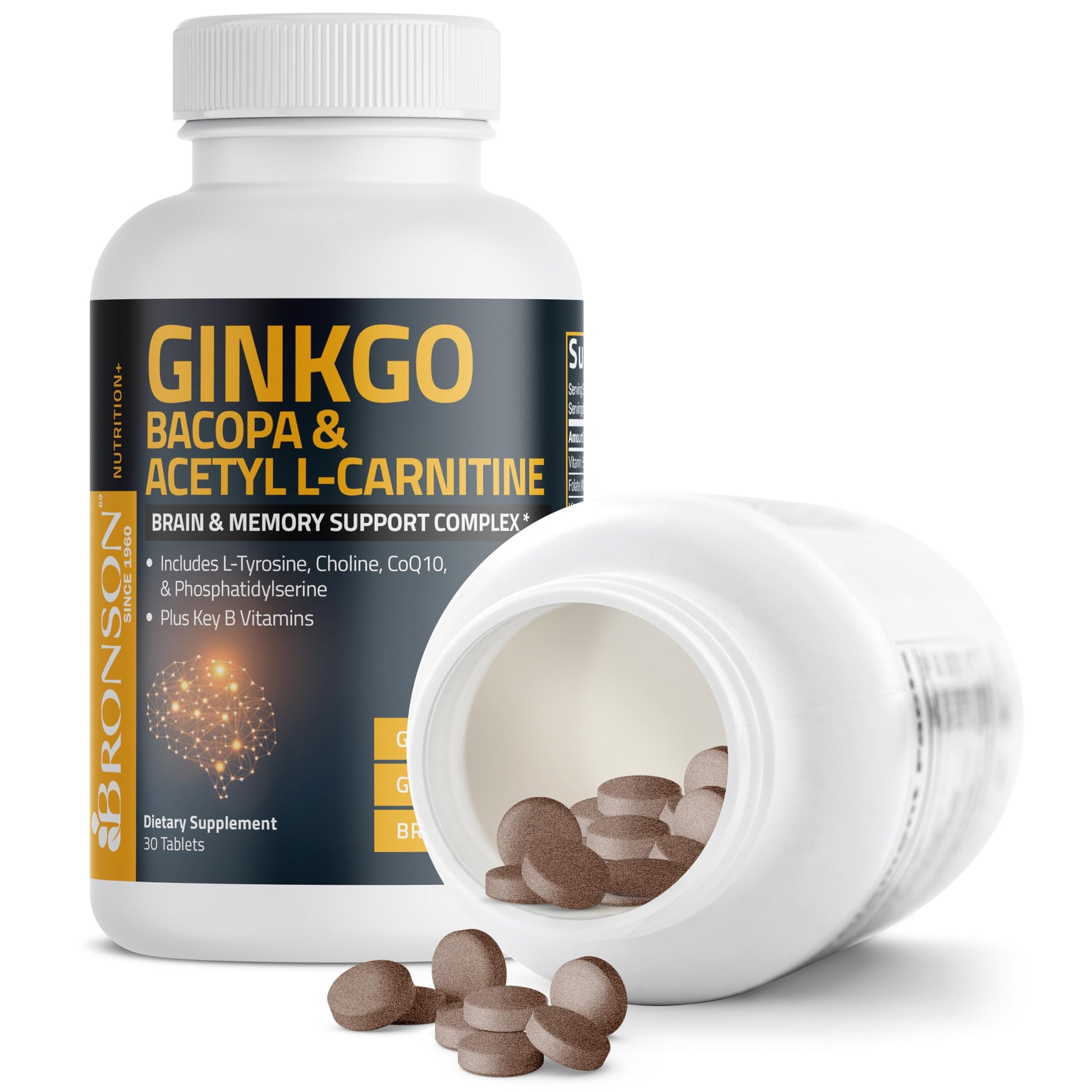 Back label of Bronson Ginkgo and Brahmi complex clarifying dosage instructions and safety warnings.