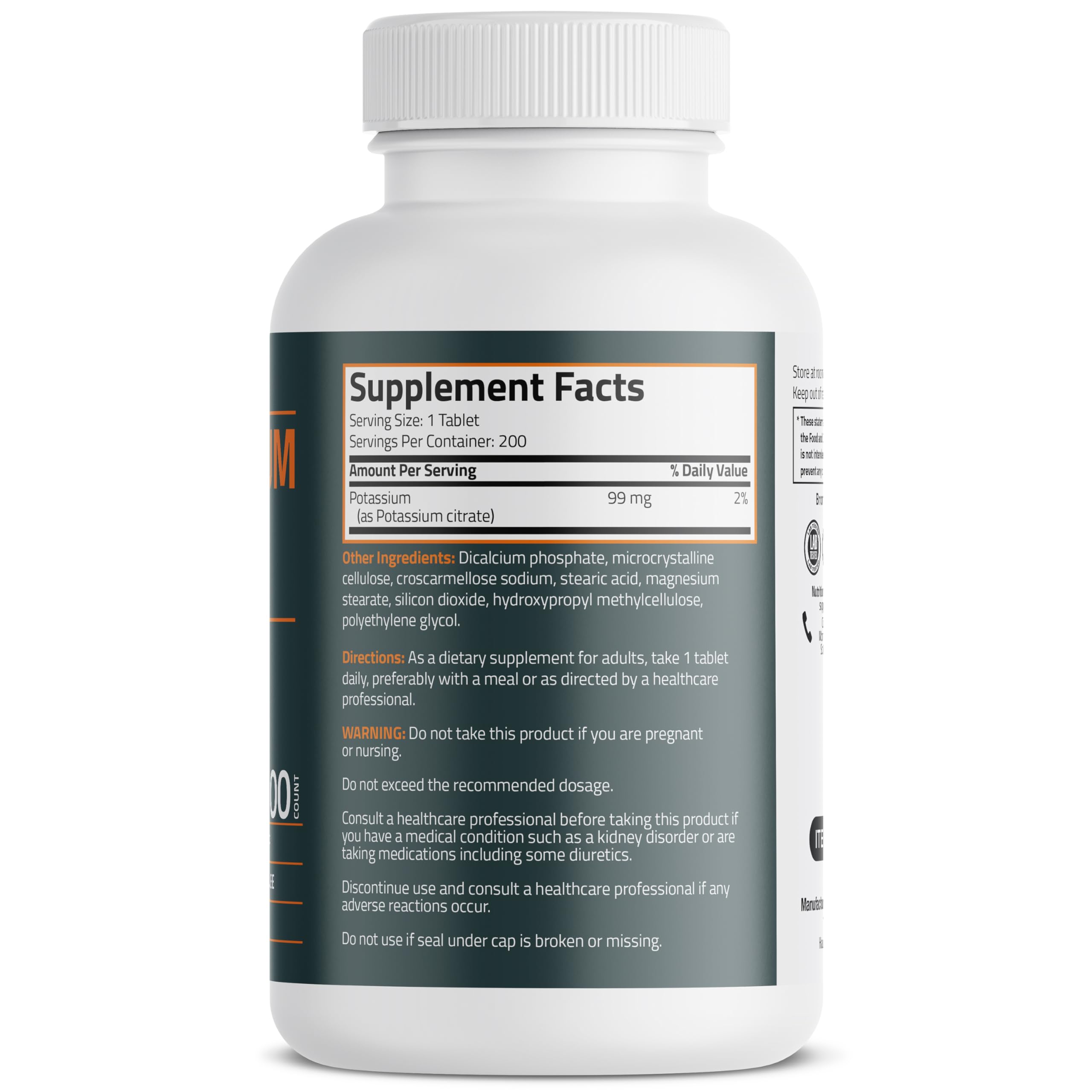 Bronson Potassium Citrate two hundred vegetarian tablets packaging displaying non-GMO and gluten-free certification logos