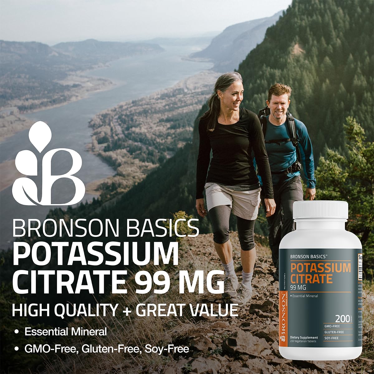 Side view of Bronson Potassium Citrate dietary supplement bottle outlining premium electrolyte and cardiovascular support details