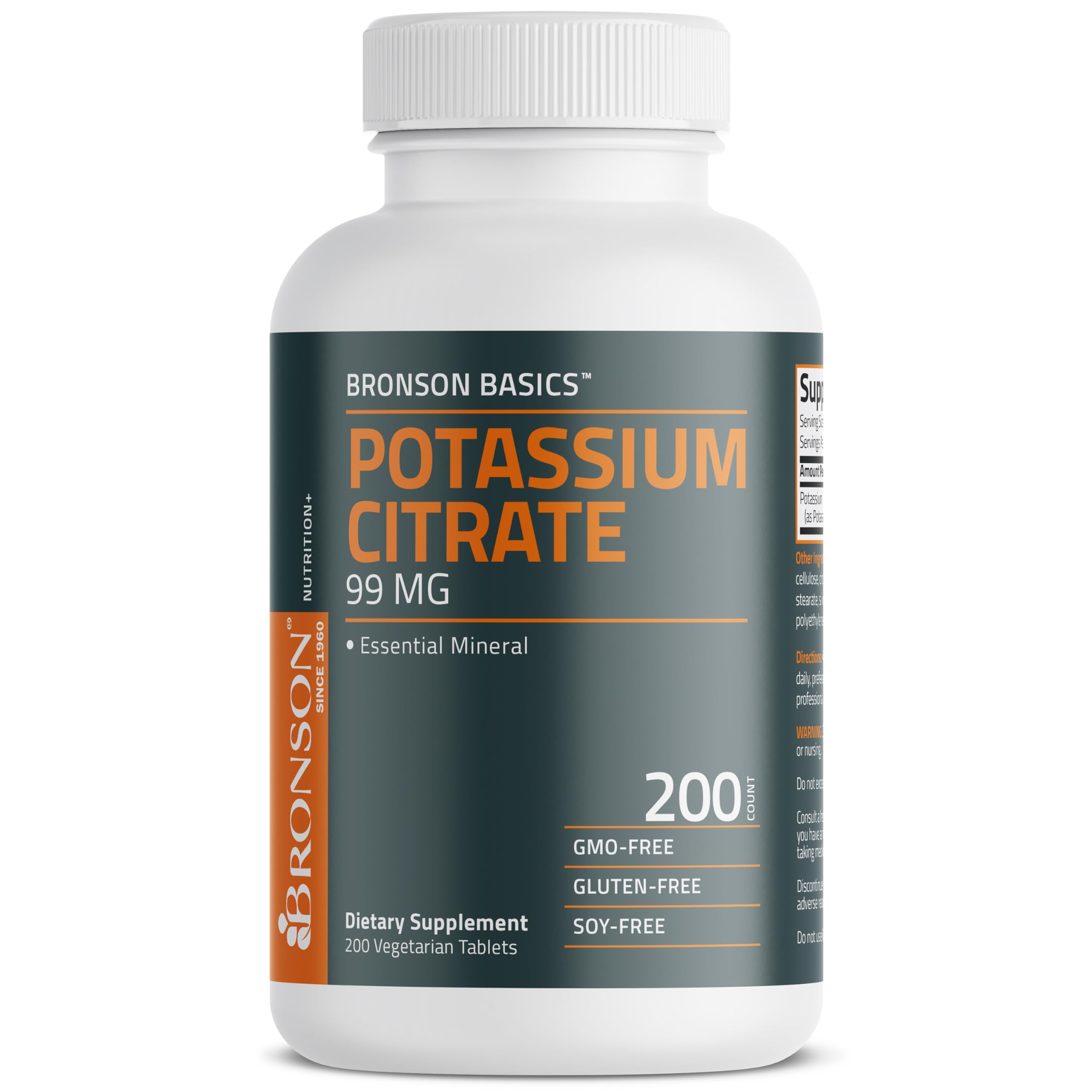 Close up of the vegetarian friendly tablets from Bronson Potassium Citrate essential mineral supplement bottle