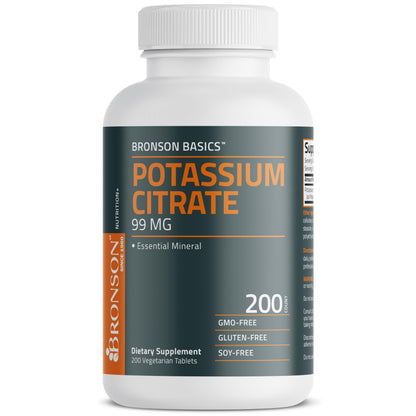 Close up of the vegetarian friendly tablets from Bronson Potassium Citrate essential mineral supplement bottle
