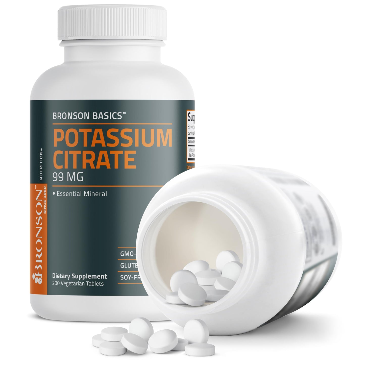 Bronson Potassium Citrate supplement bottle with clear text detailing safe manufacturing standards in Hauppauge New York