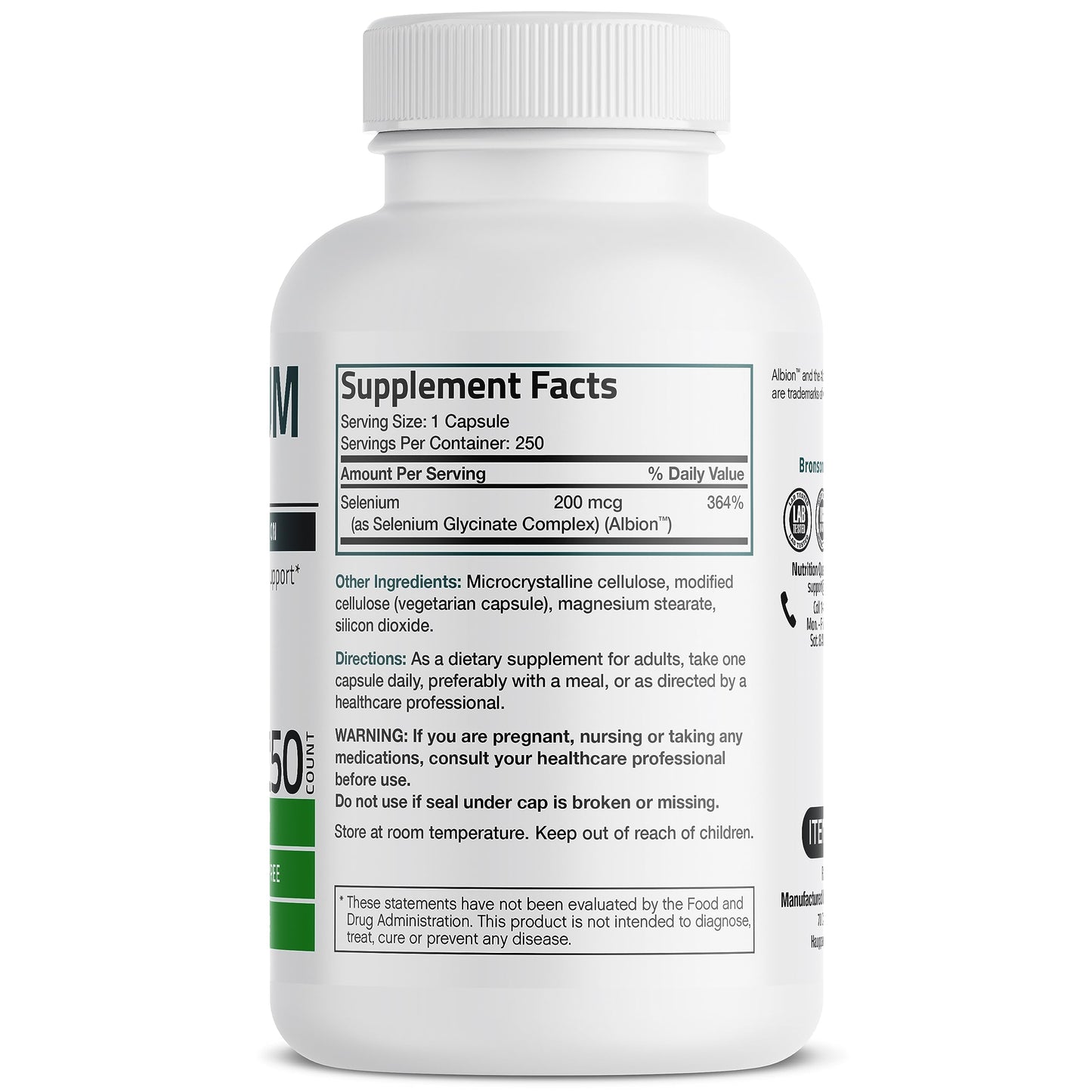 Bronson chelated amino acid complex yeast free selenium supplement bottle label facts