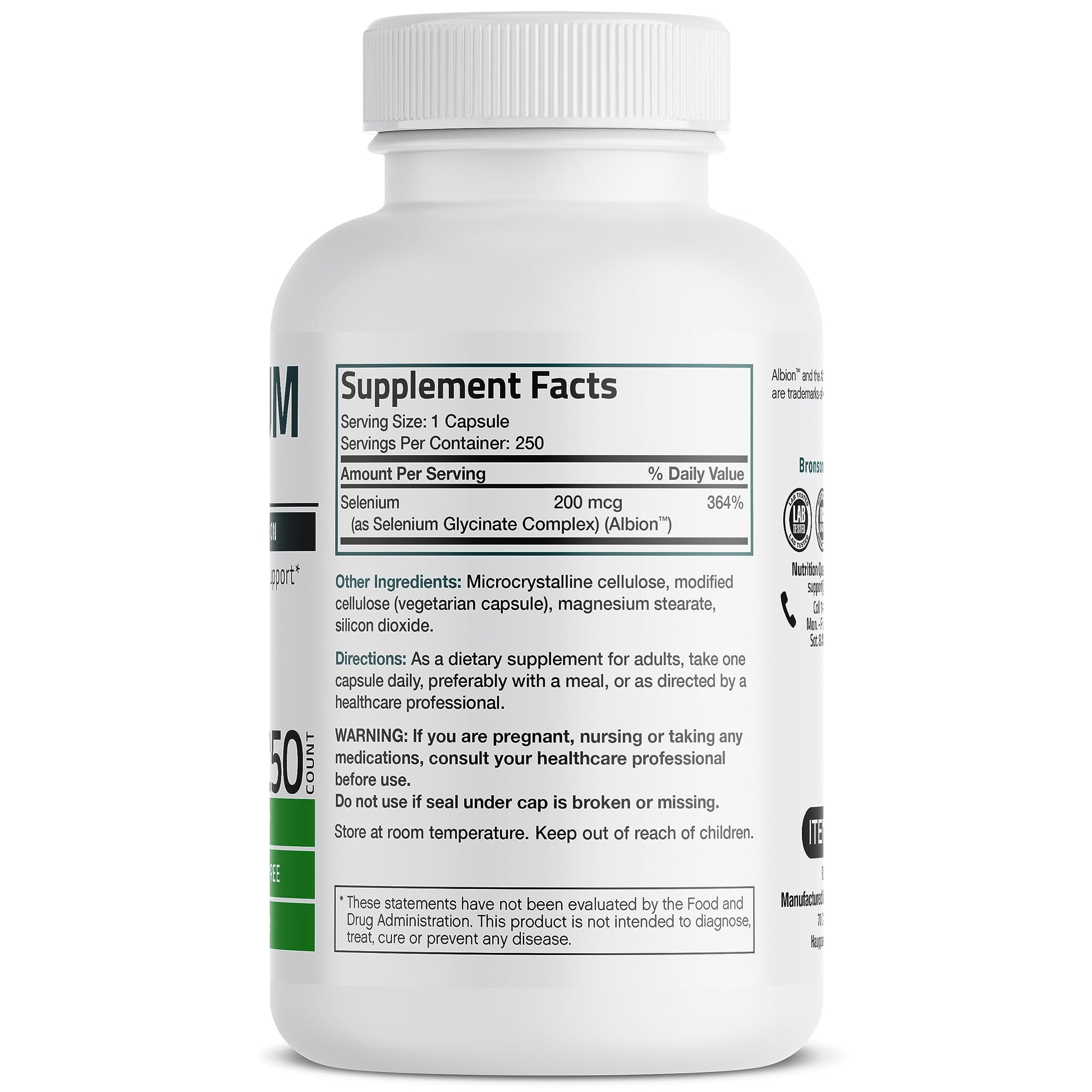 Bronson chelated amino acid complex yeast free selenium supplement bottle label facts